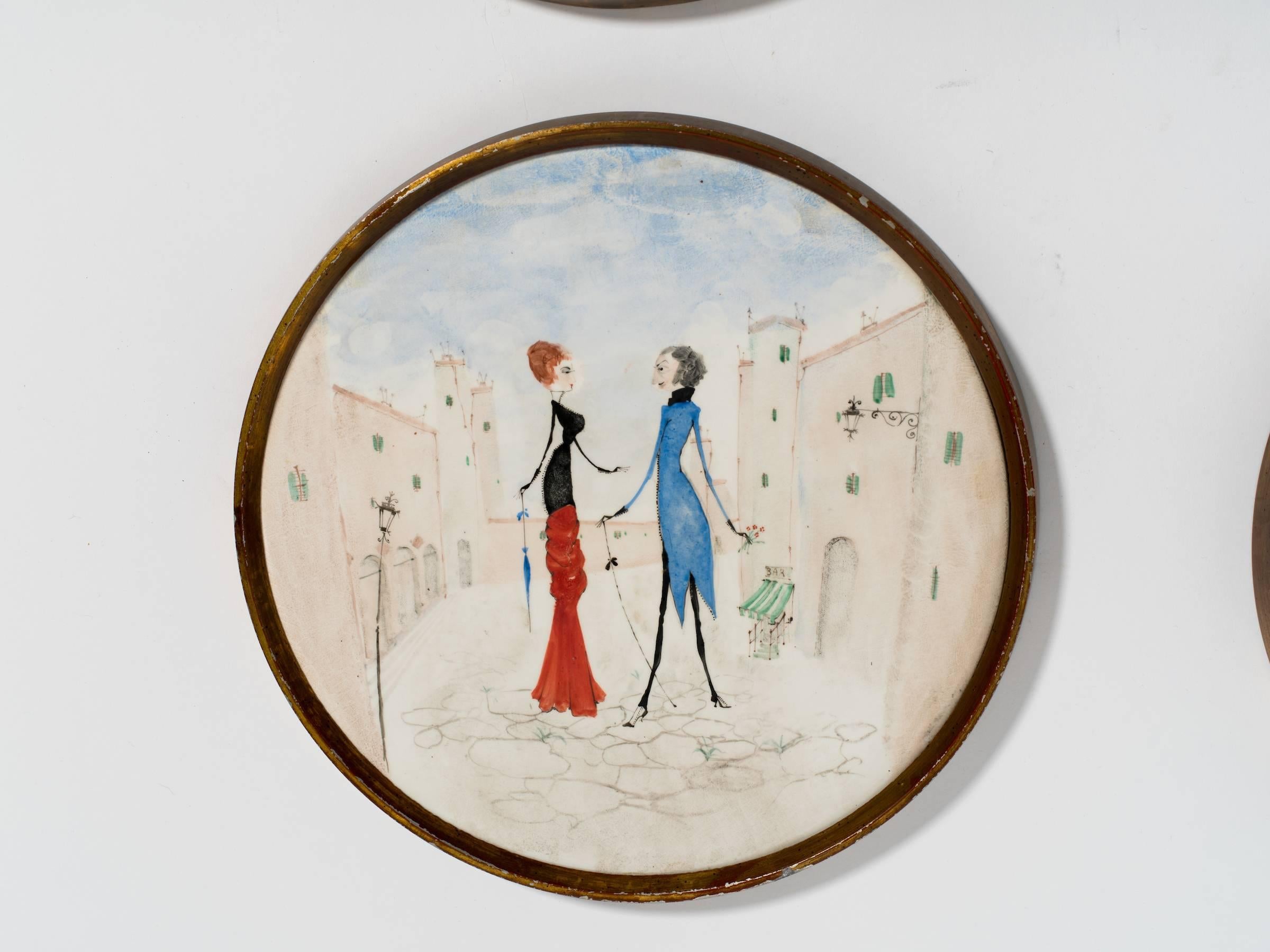Mid-20th Century Four Italian   Hand-Painted Ceramic Plaques in Brass Frames by Palladio For Sale