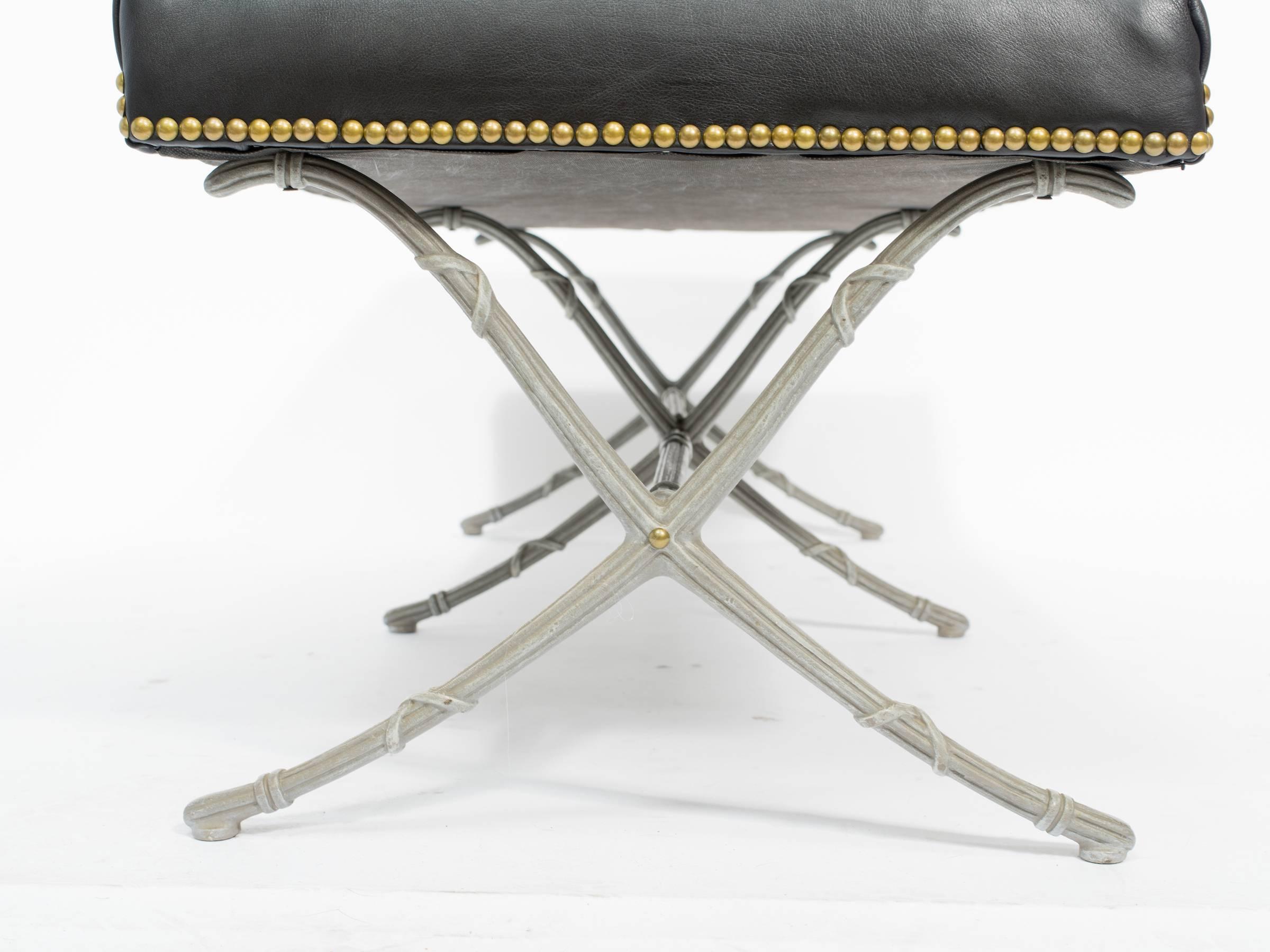 Mid-20th Century Classical Leather Bench on Metal Base