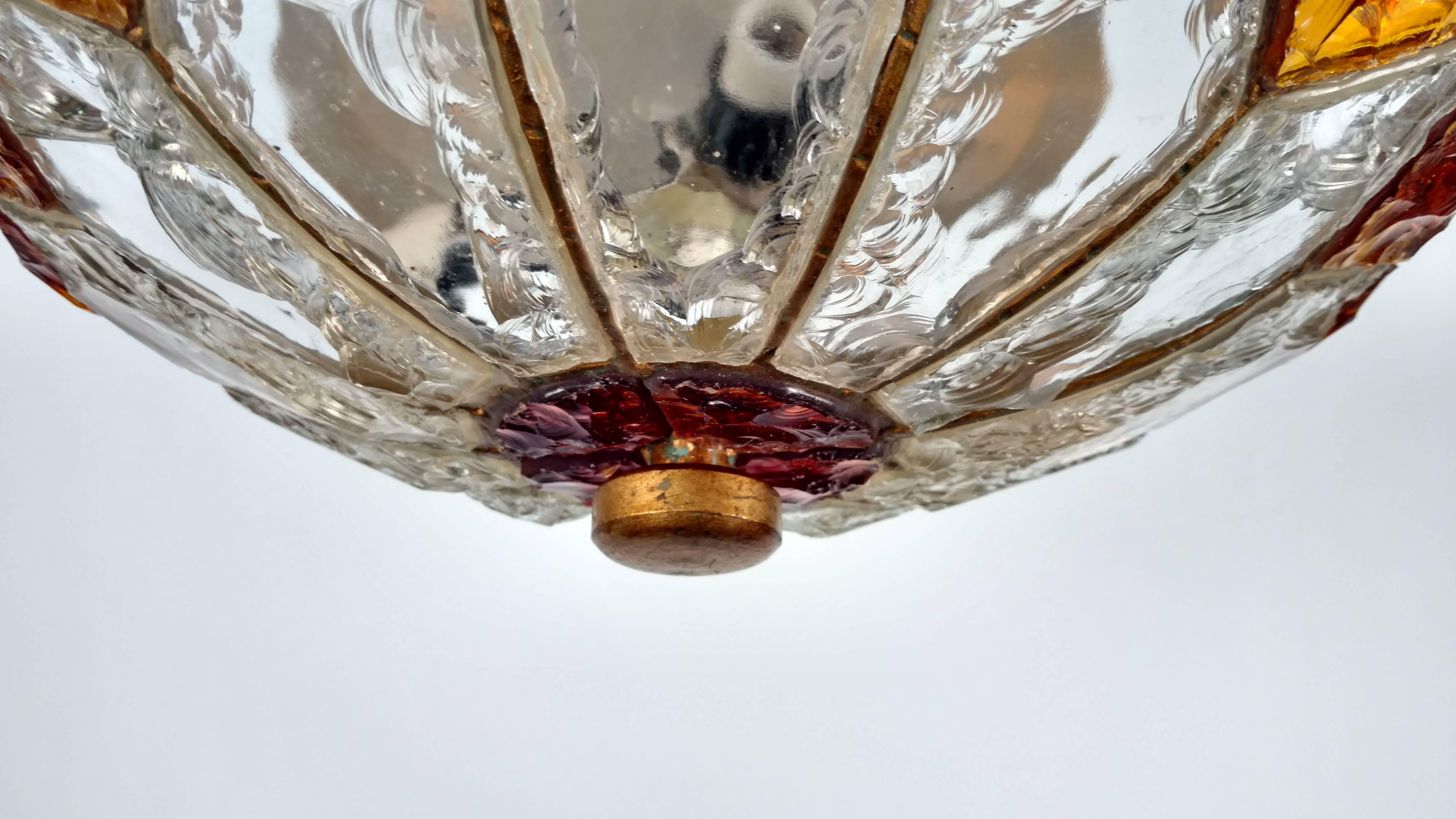 Single Flush Mount Brass Textured Glass Fixture In Good Condition For Sale In Tarrytown, NY
