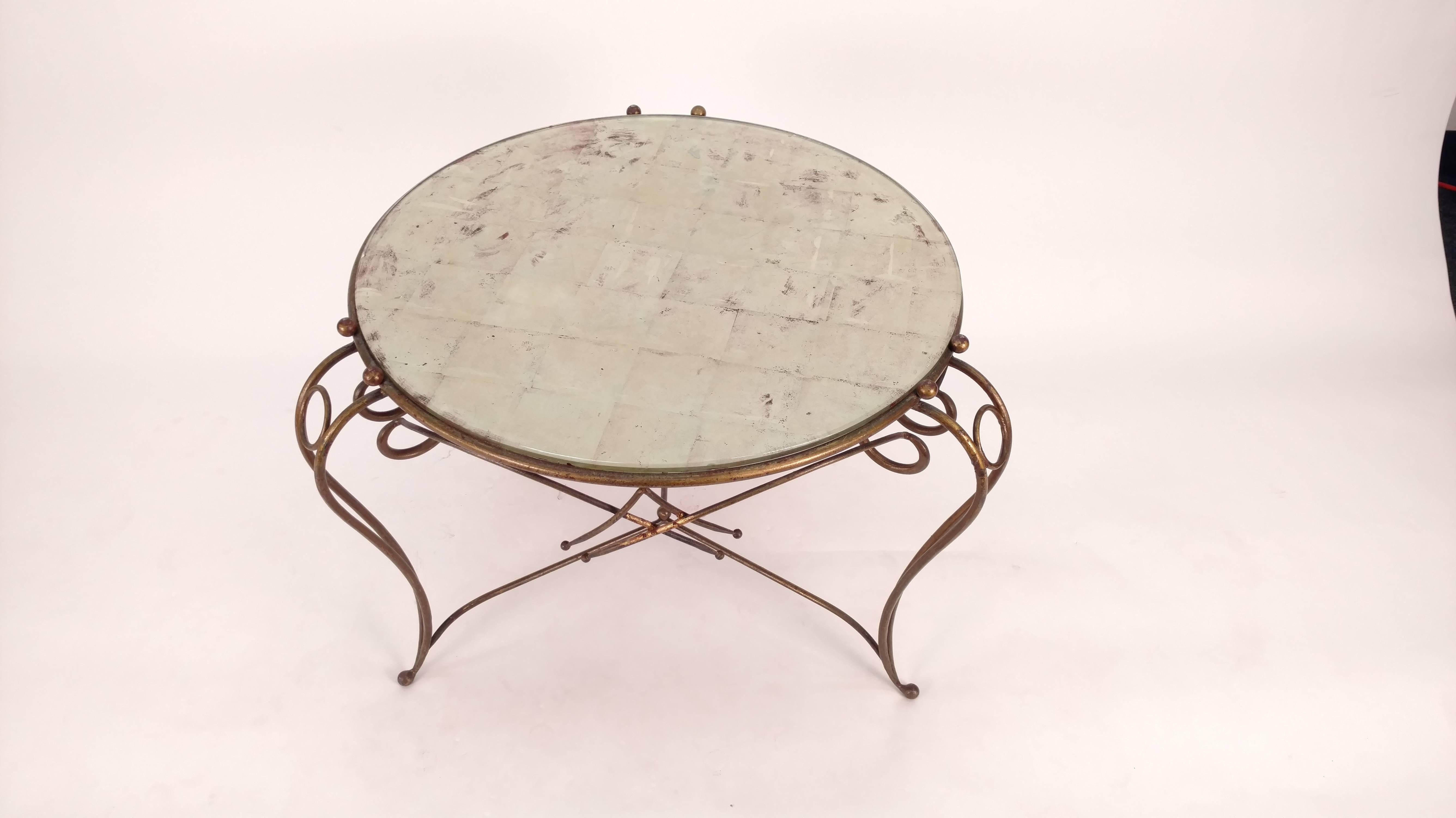 French Gilt Metal Table and Gold Leaf Glass Top For Sale