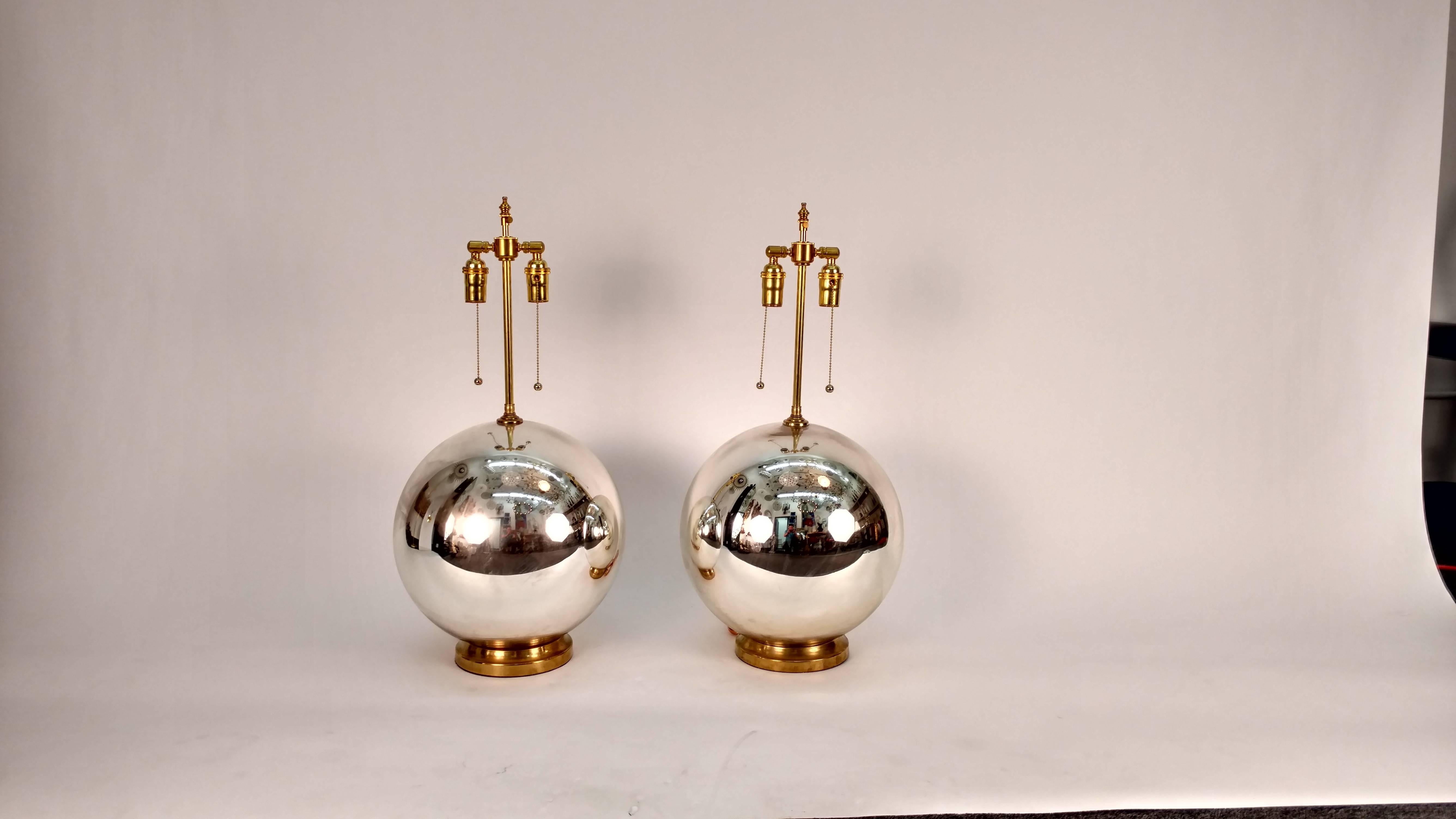 Large Pair of Mercury Glass Ball Lamps In Good Condition In Tarrytown, NY