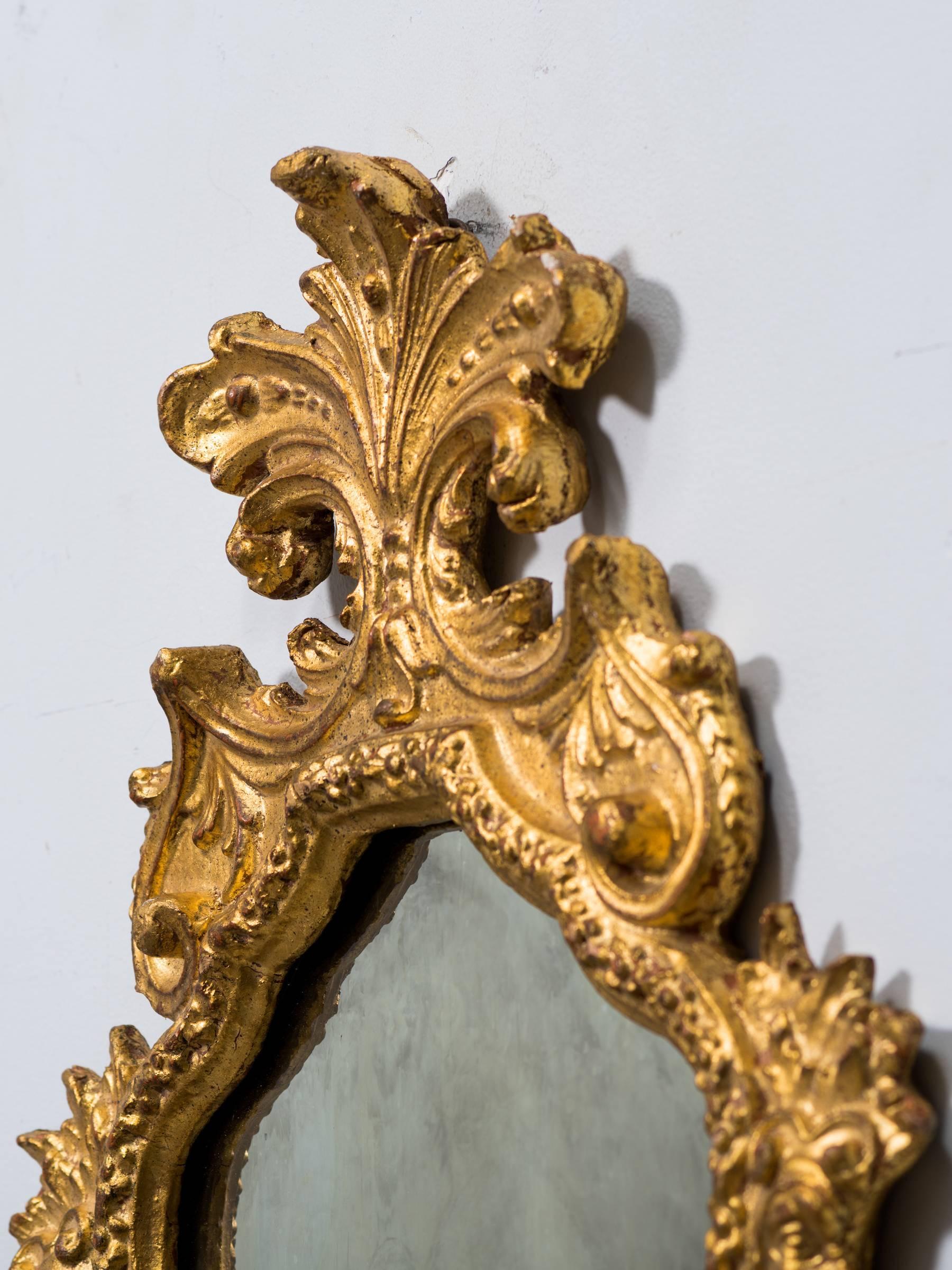 Pair of 1940s Italian Carved Gilt Wood Mirrors with Antiqued Glass 2