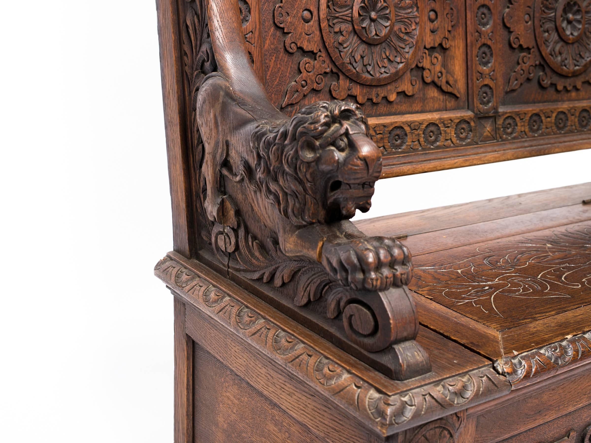 German Oak Carved Lion Bench 6
