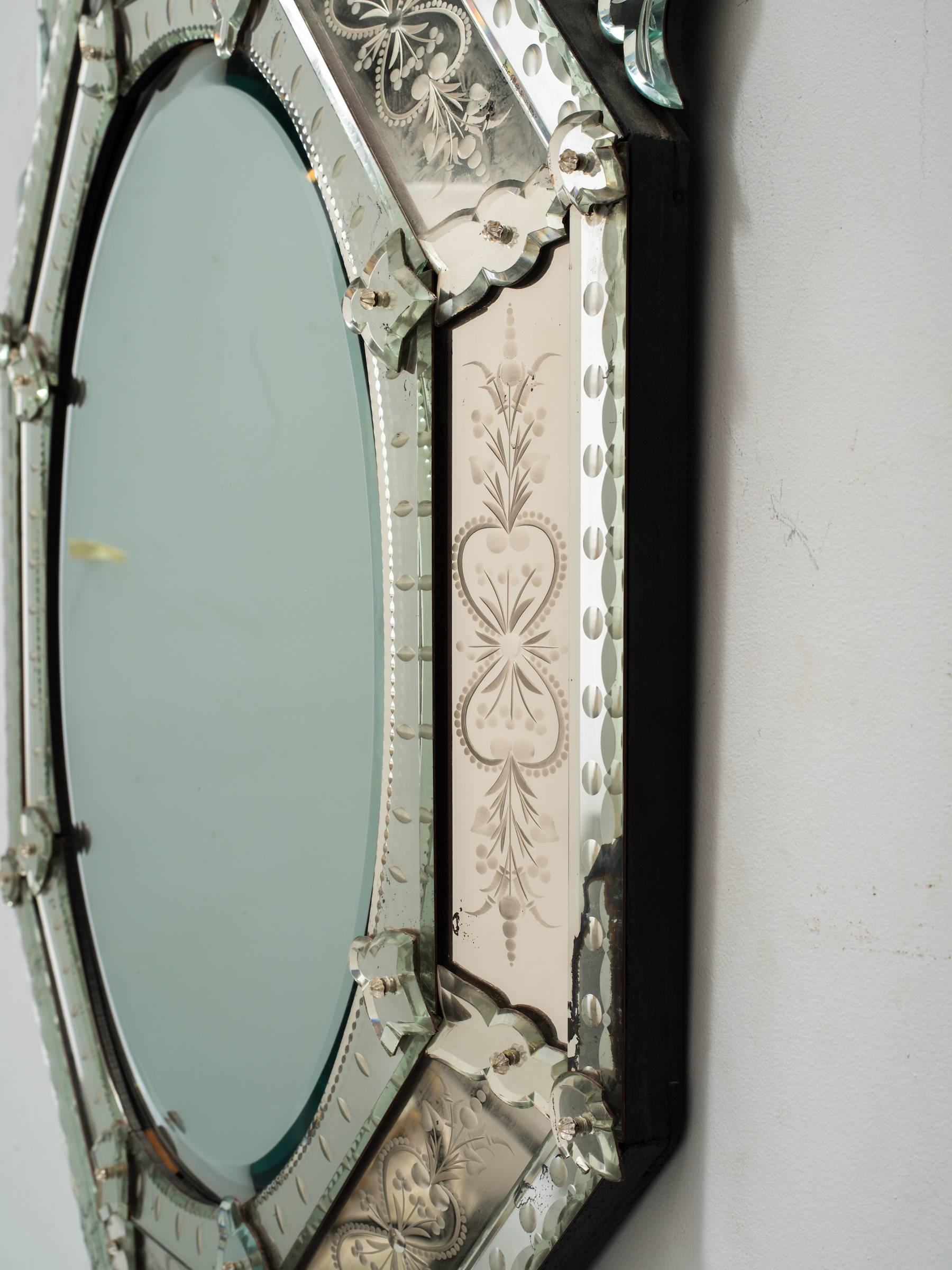 Italian  1930s Octagonal Venetian Mirror with Crown