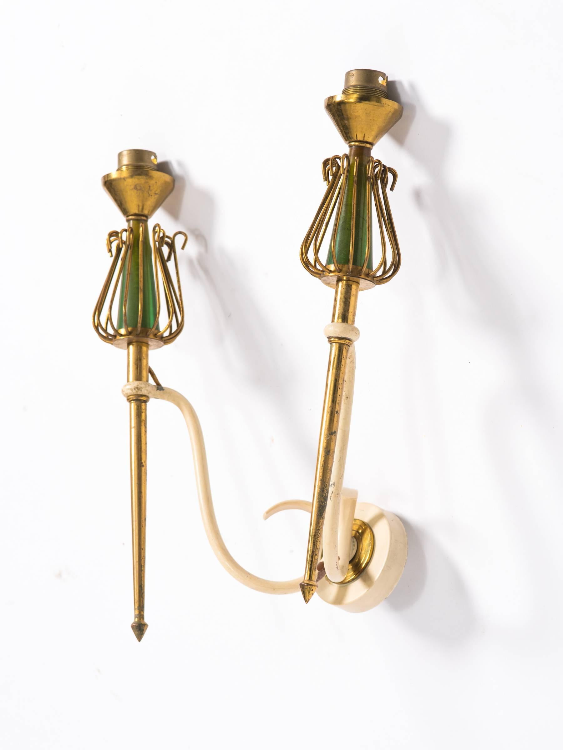 Pair of French 1940s brass sconces.