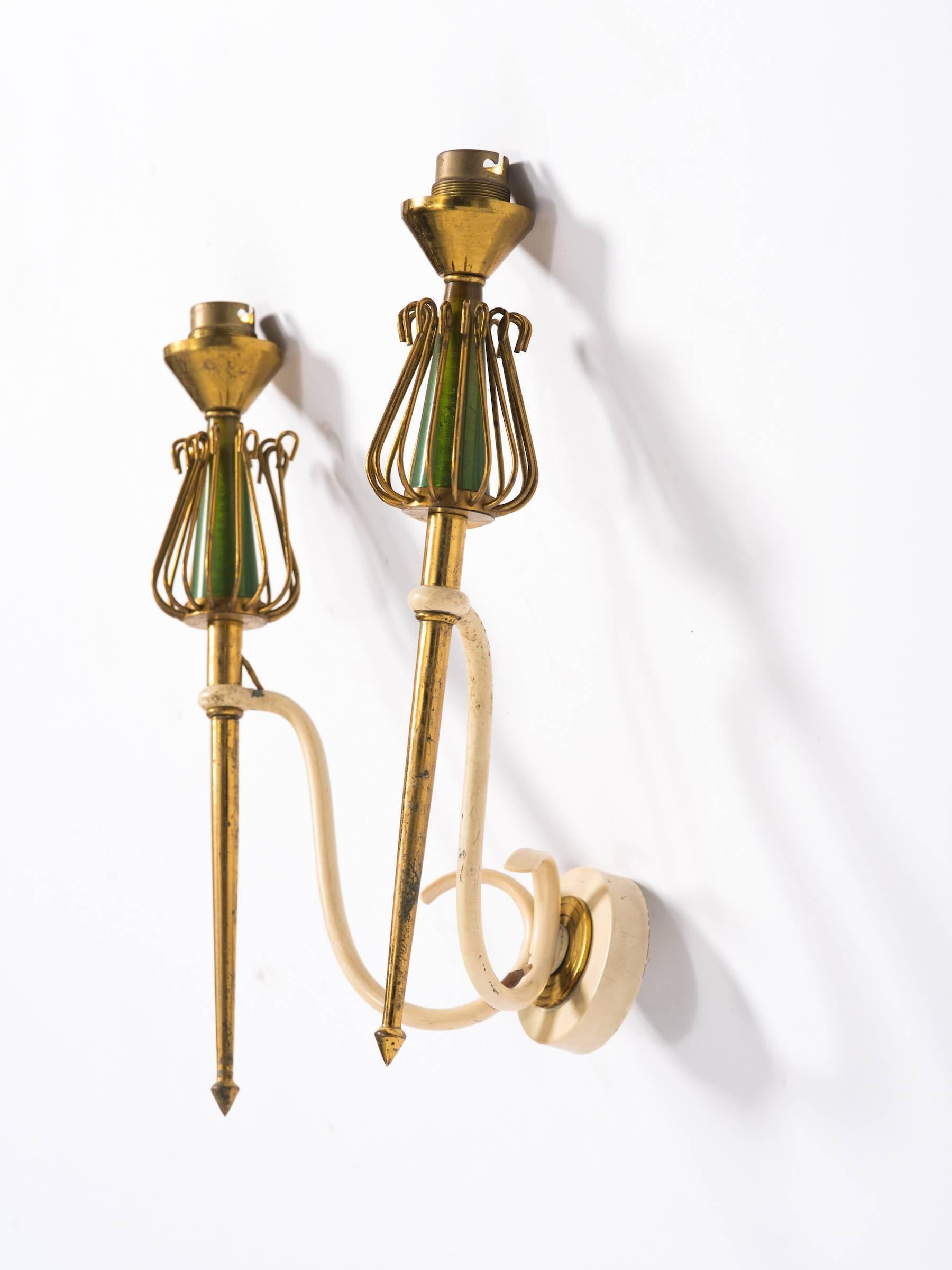 Pair of French 1940s Brass Sconces In Good Condition In Tarrytown, NY