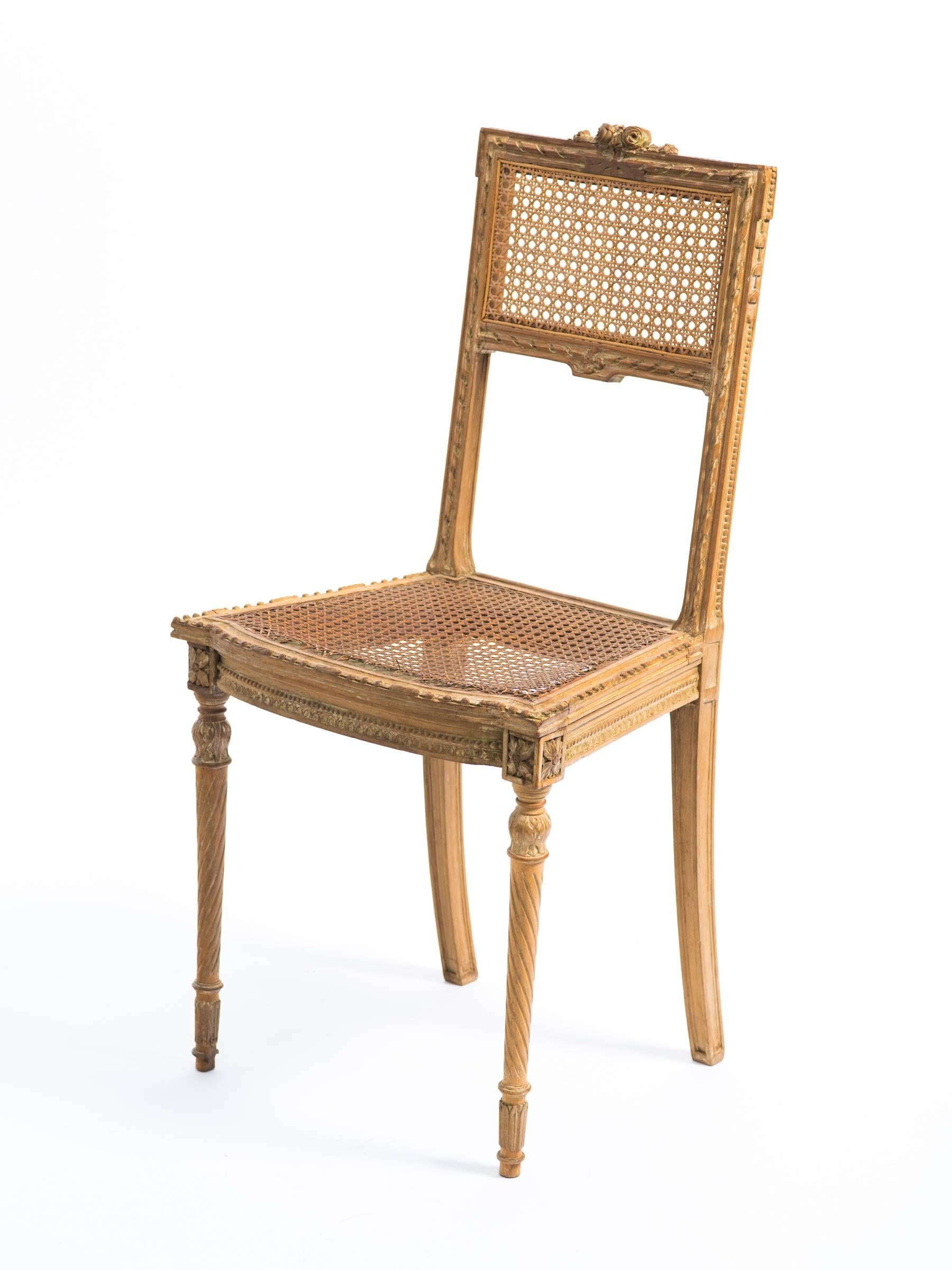 1920s Hand-Carved French Caned Side Chair 1