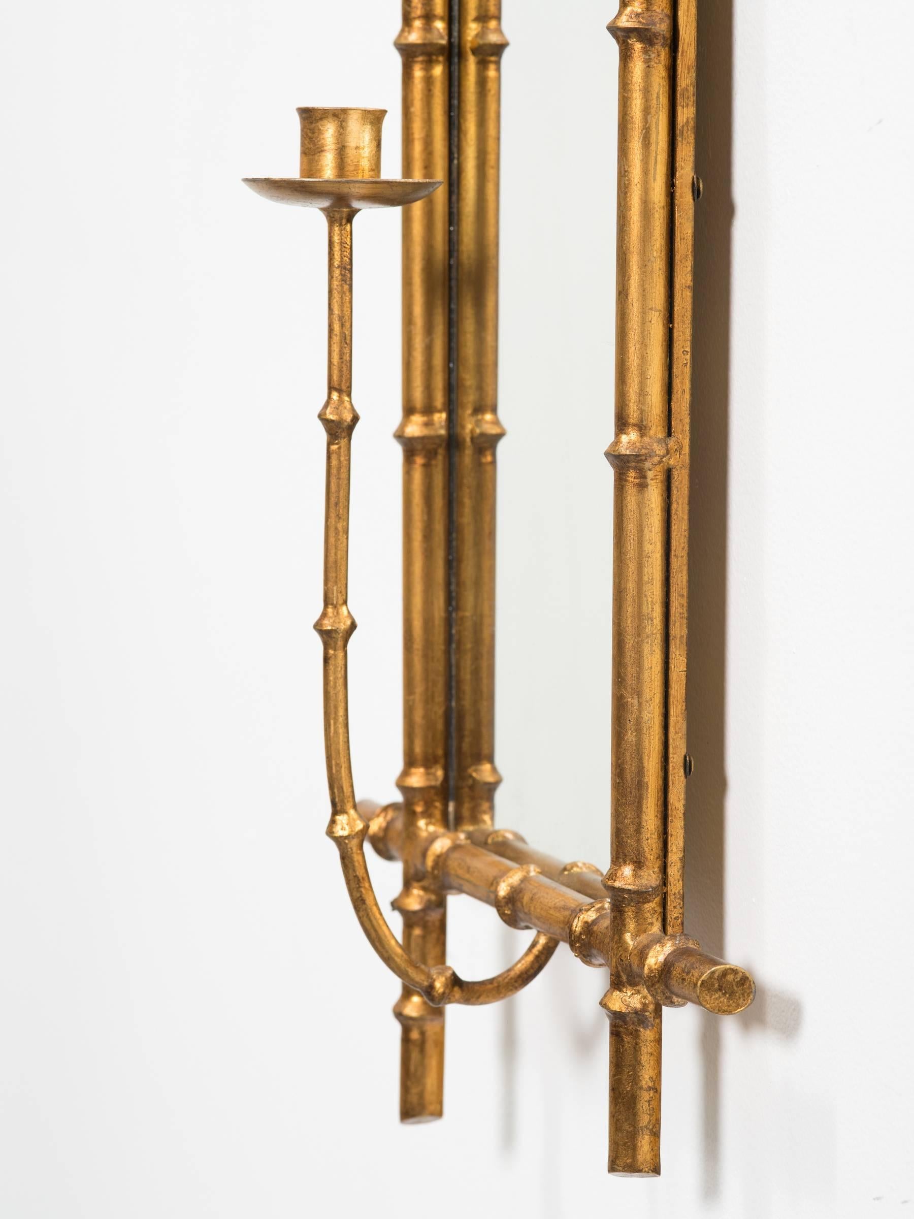 Late 20th Century Pair of Gilt Metal Faux Bamboo Mirrored Candle Sconces