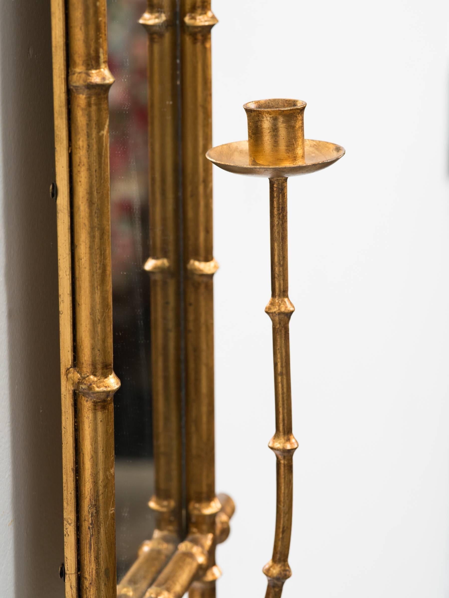 Pair of Gilt Metal Faux Bamboo Mirrored Candle Sconces 3
