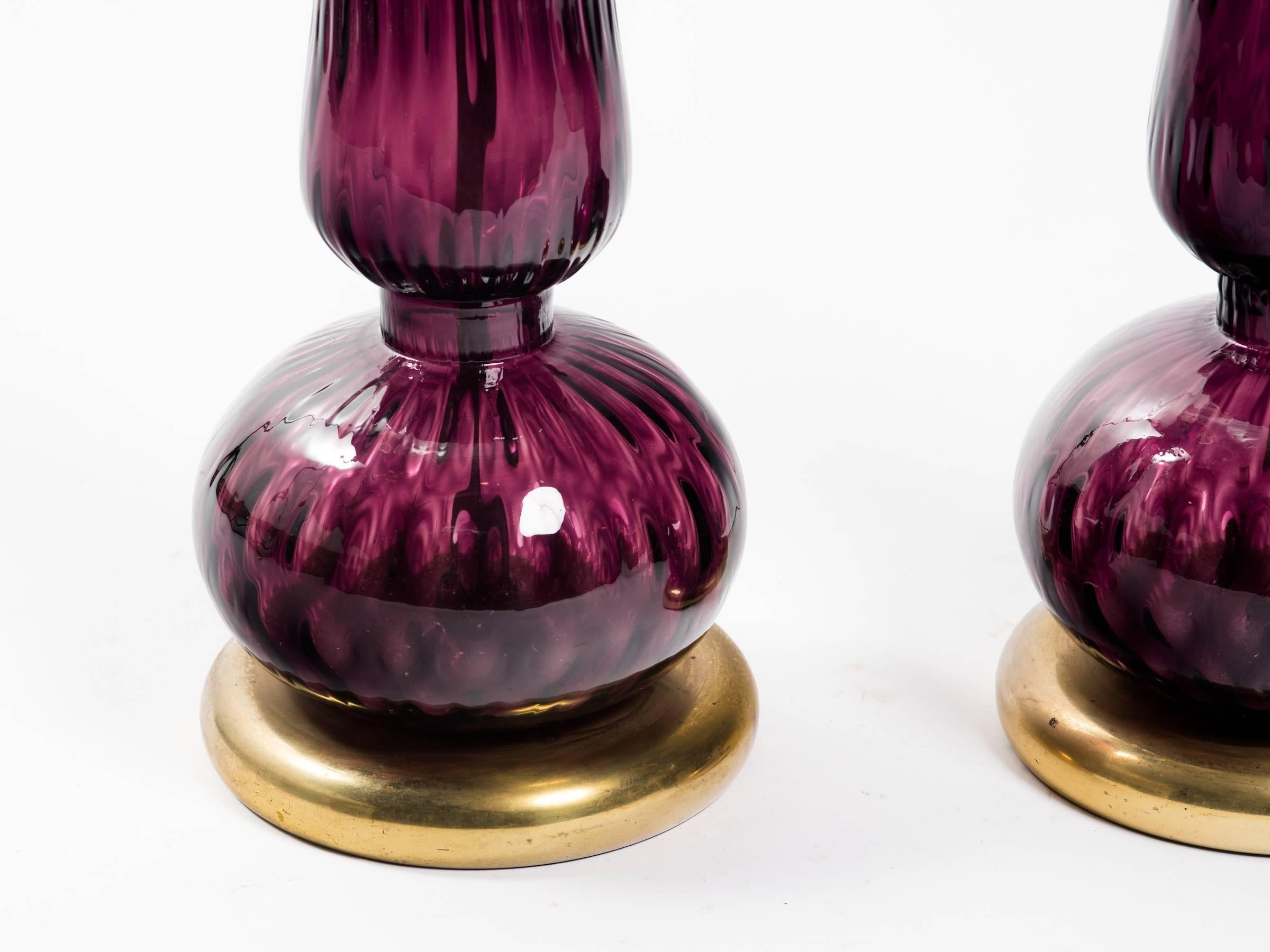 Mid-20th Century Pair of Purple Murano Genie Bottle Table Lamps