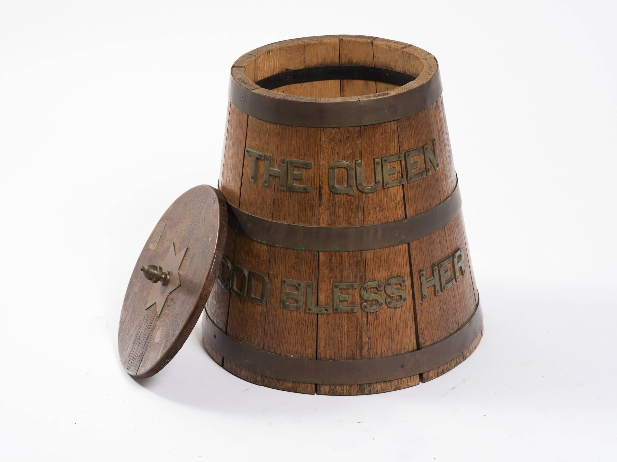 Oak storage barrel from an English ship that says 