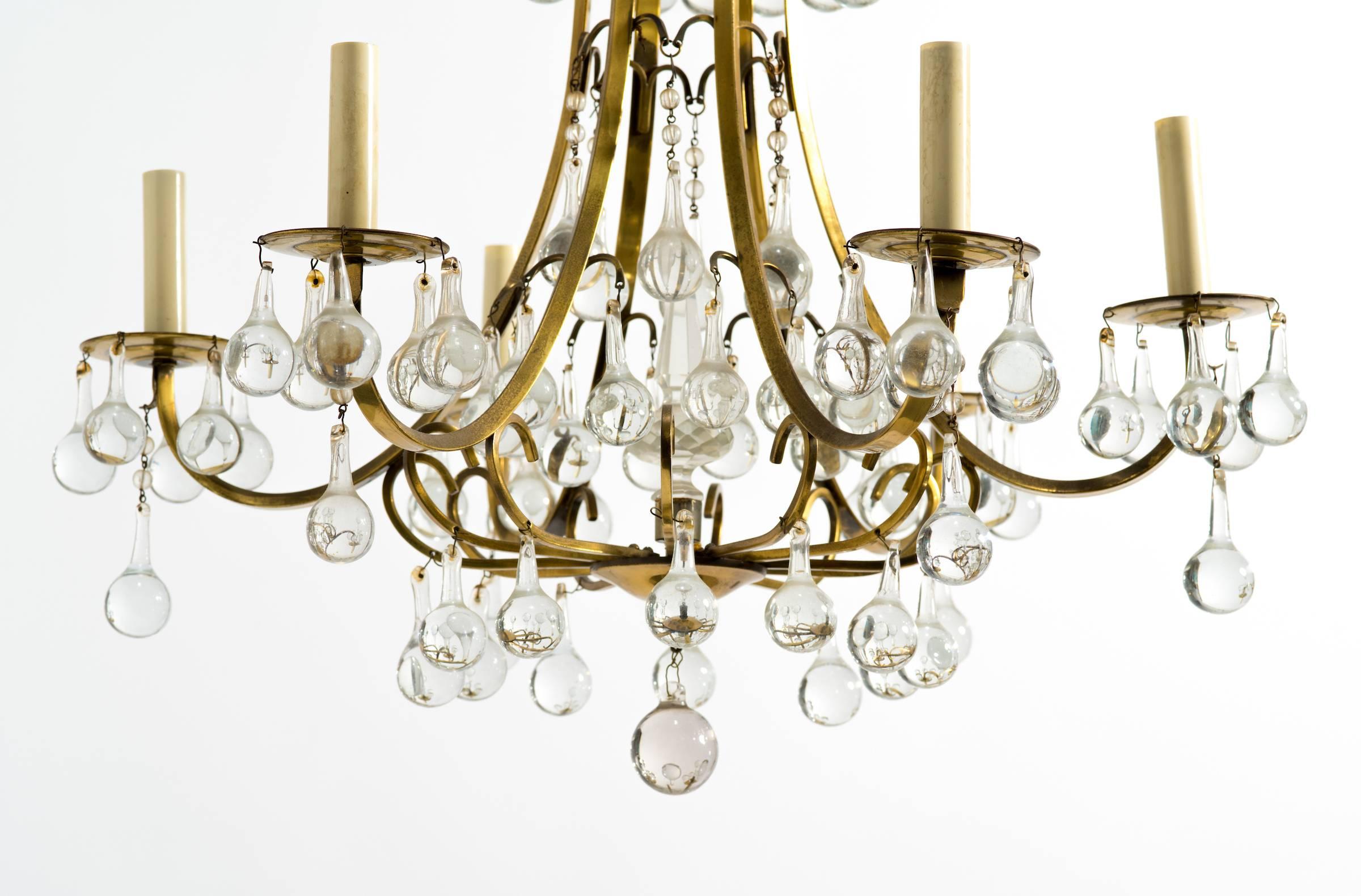 Brass and Crystal Ball Chandelier Labeled Belgium In Good Condition In Tarrytown, NY