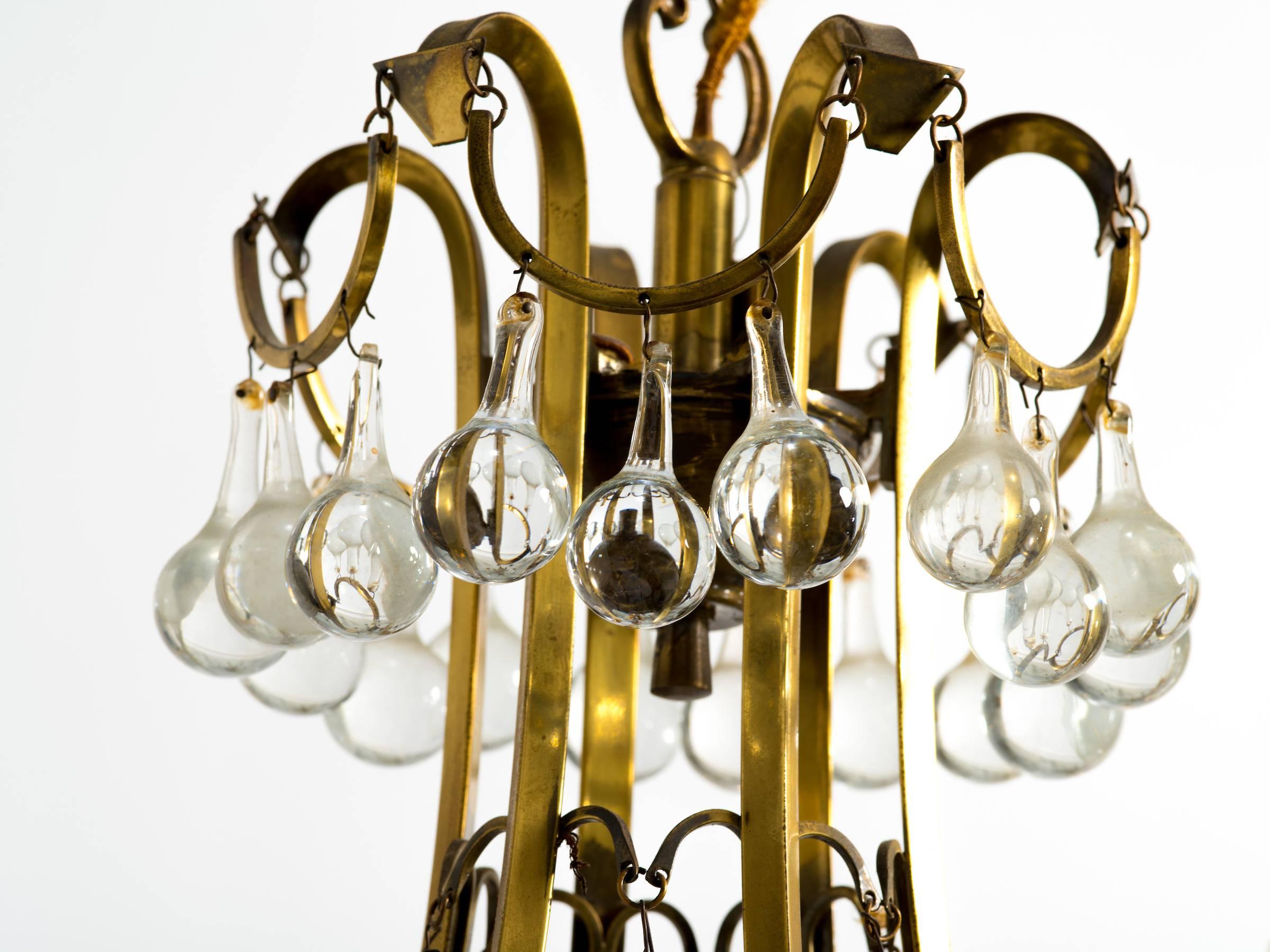 Mid-20th Century Brass and Crystal Ball Chandelier Labeled Belgium