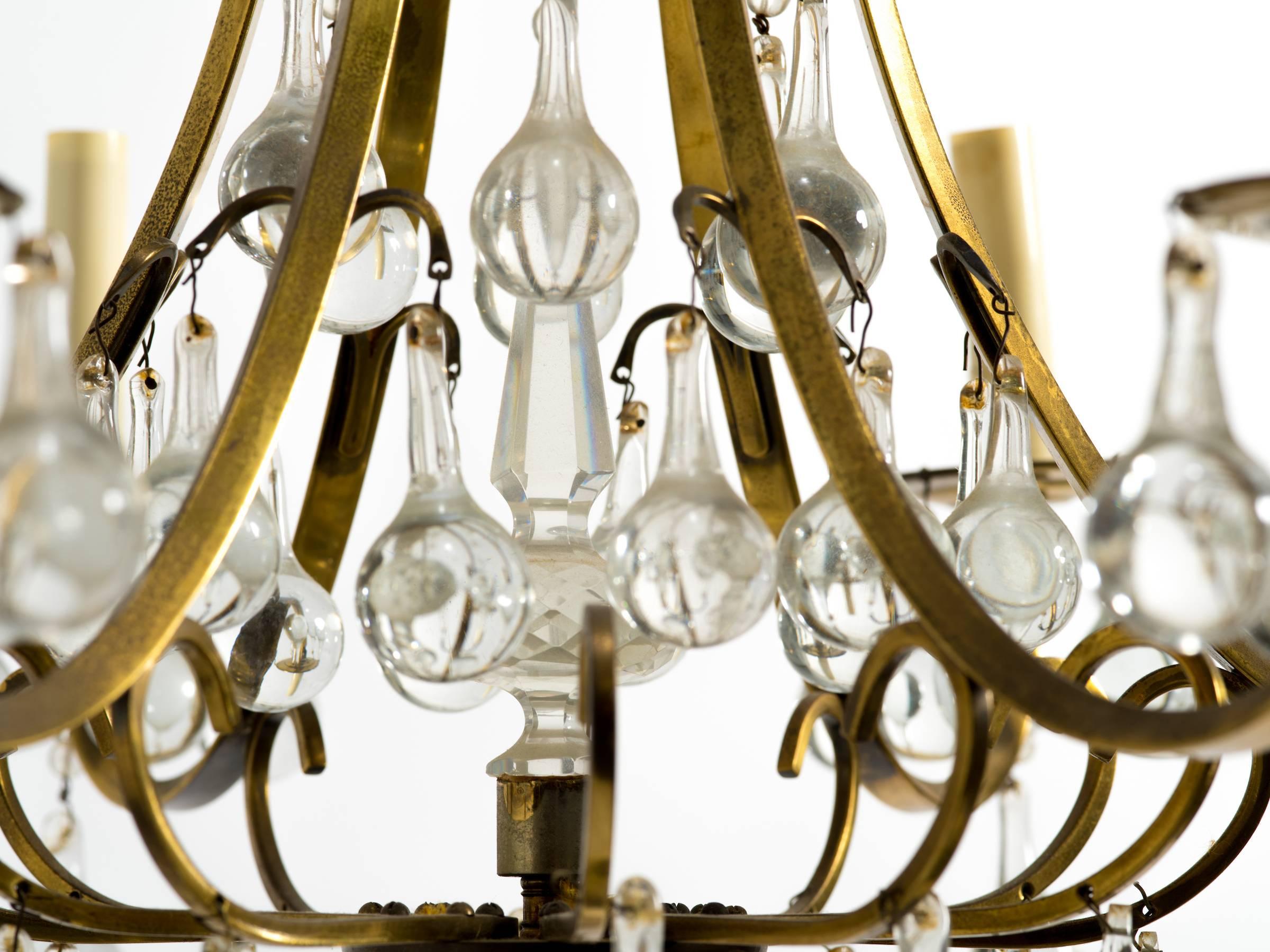 Brass and Crystal Ball Chandelier Labeled Belgium 1