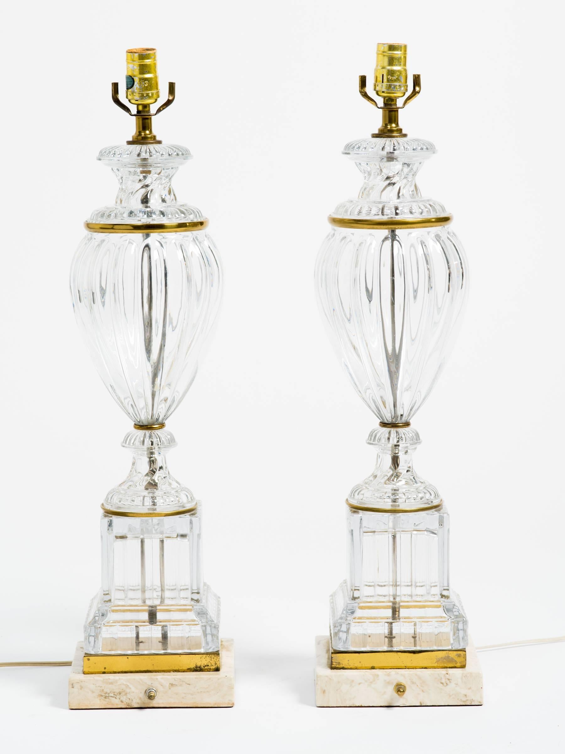 Pair of Large Classical Glass Table Lamps with Brass Accents 2