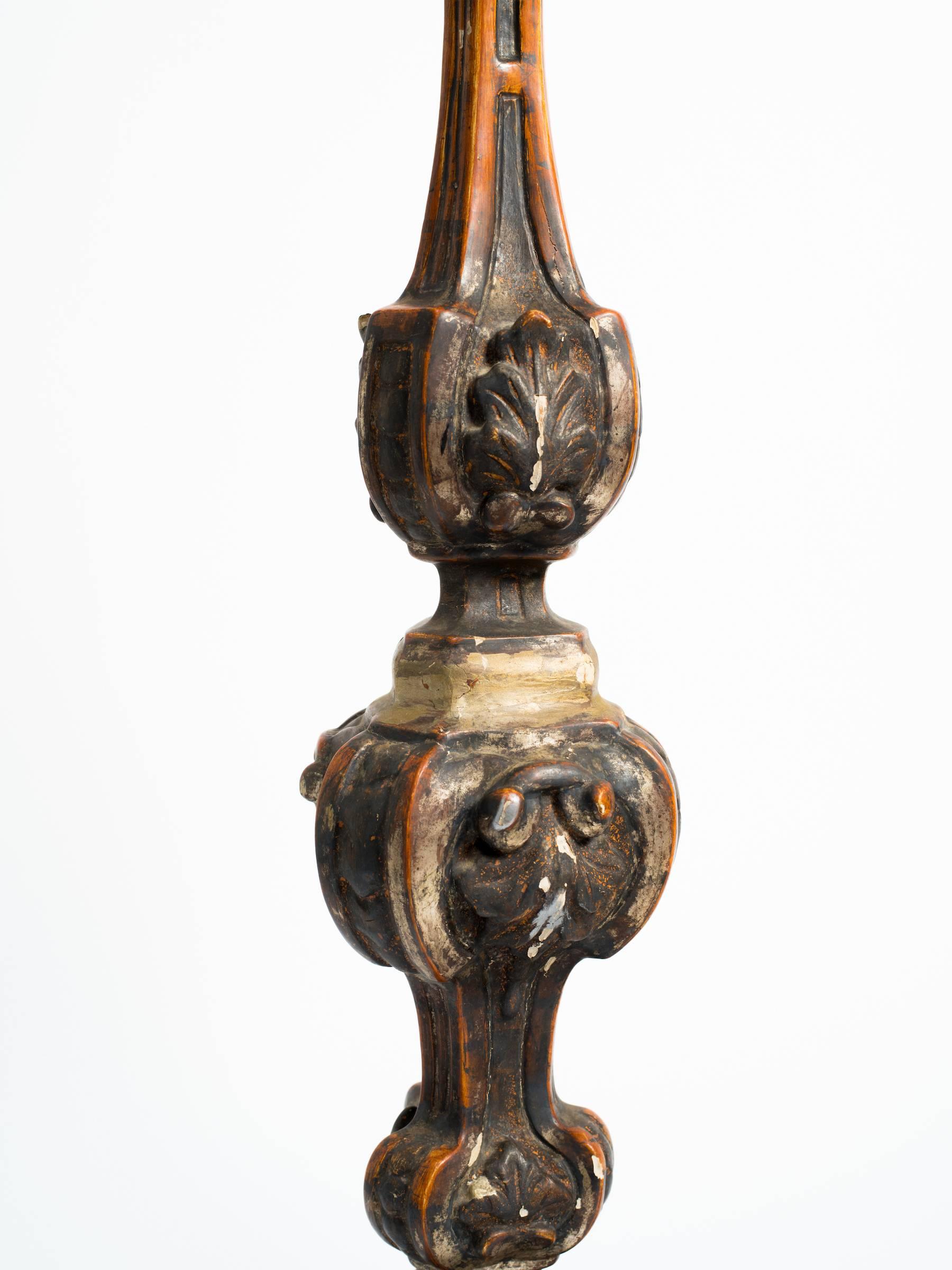 Mid-20th Century Two Italian Carved Wood Tall Candlestick Lamps