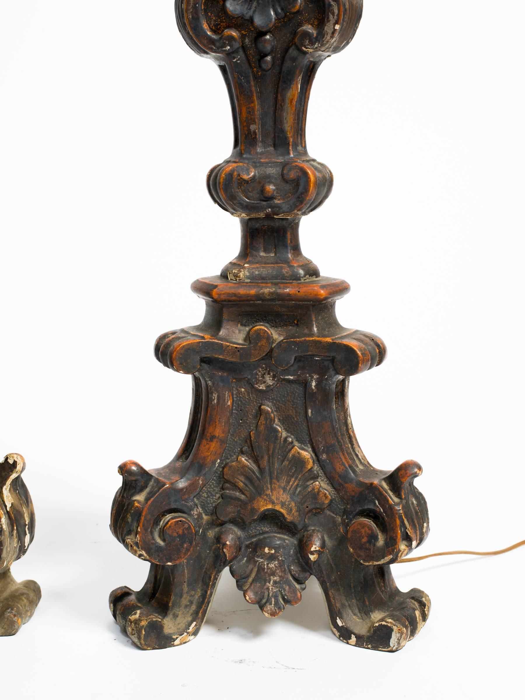 Two Italian Carved Wood Tall Candlestick Lamps 2