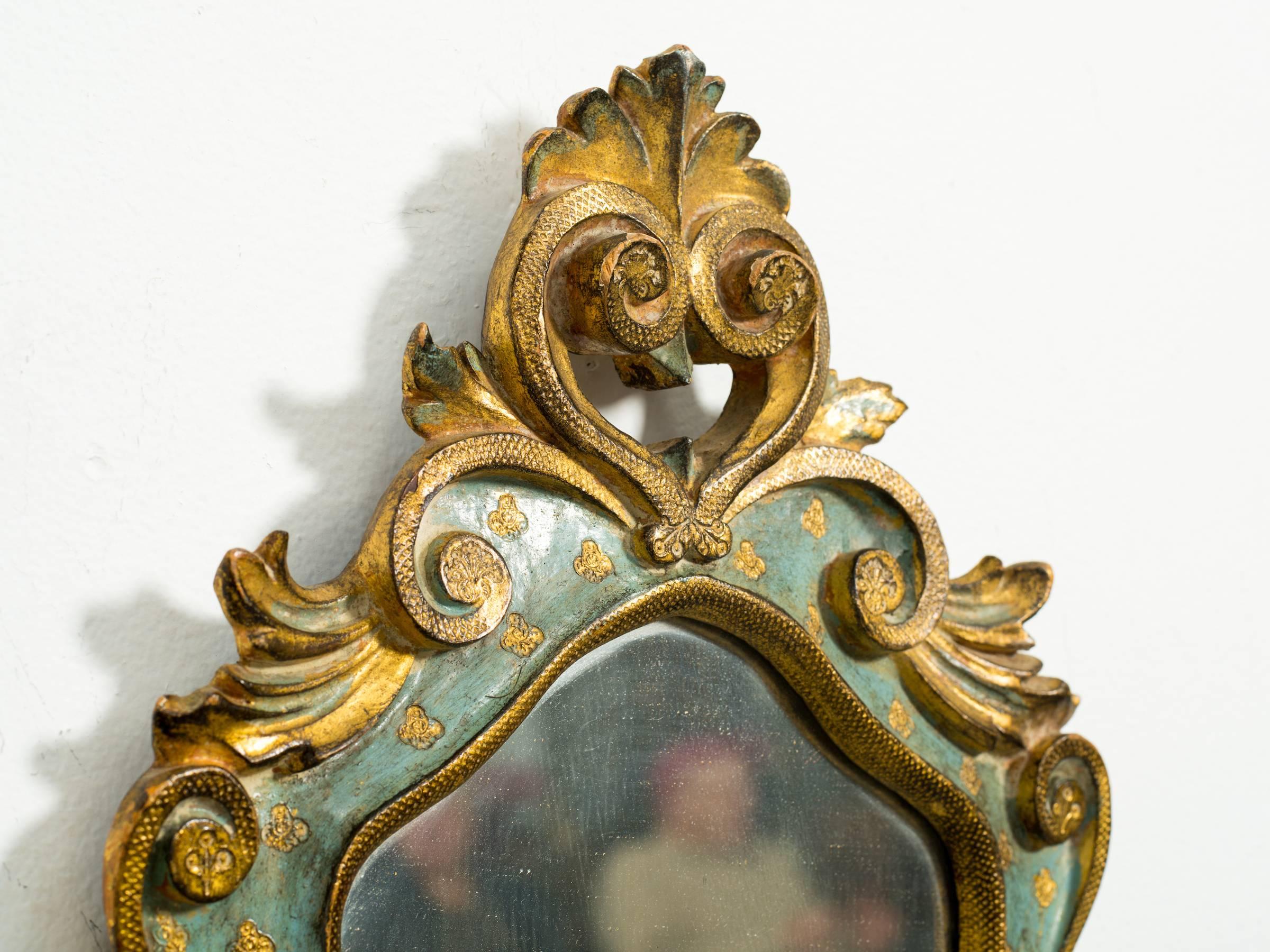 Pair of Italian Painted Carved Wood Mirrors with Brass Caps In Good Condition In Tarrytown, NY
