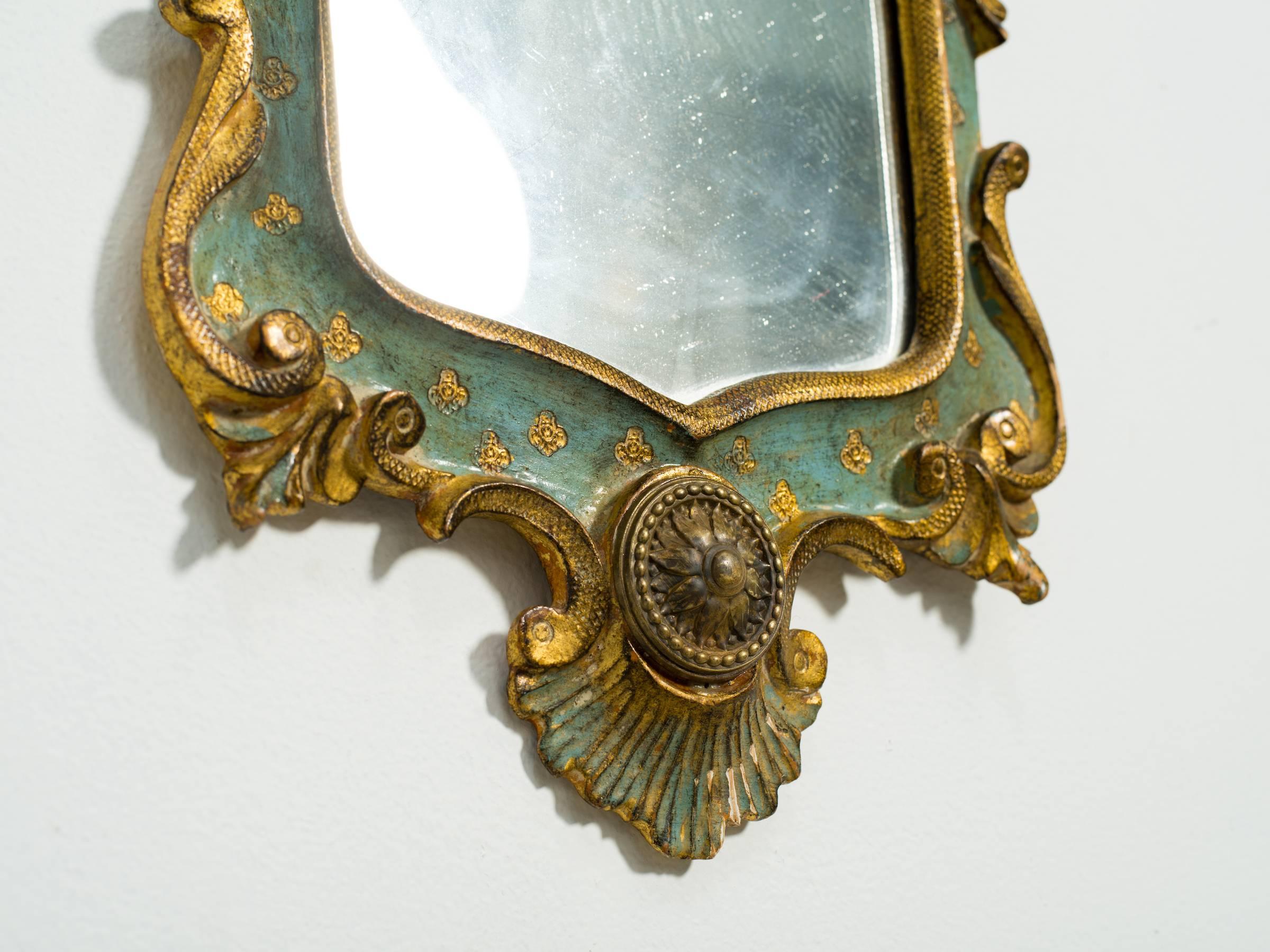 Mid-20th Century Pair of Italian Painted Carved Wood Mirrors with Brass Caps