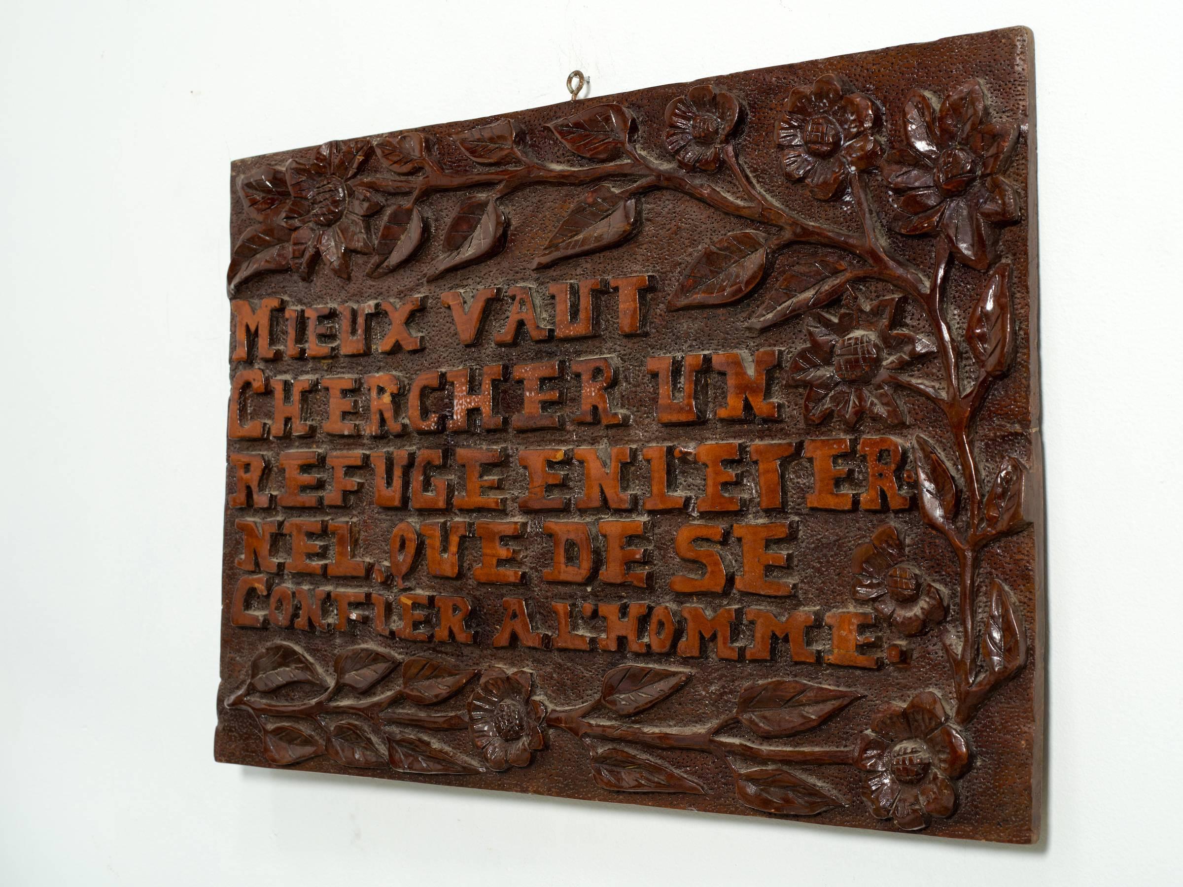 European Carved Wood Sign in French