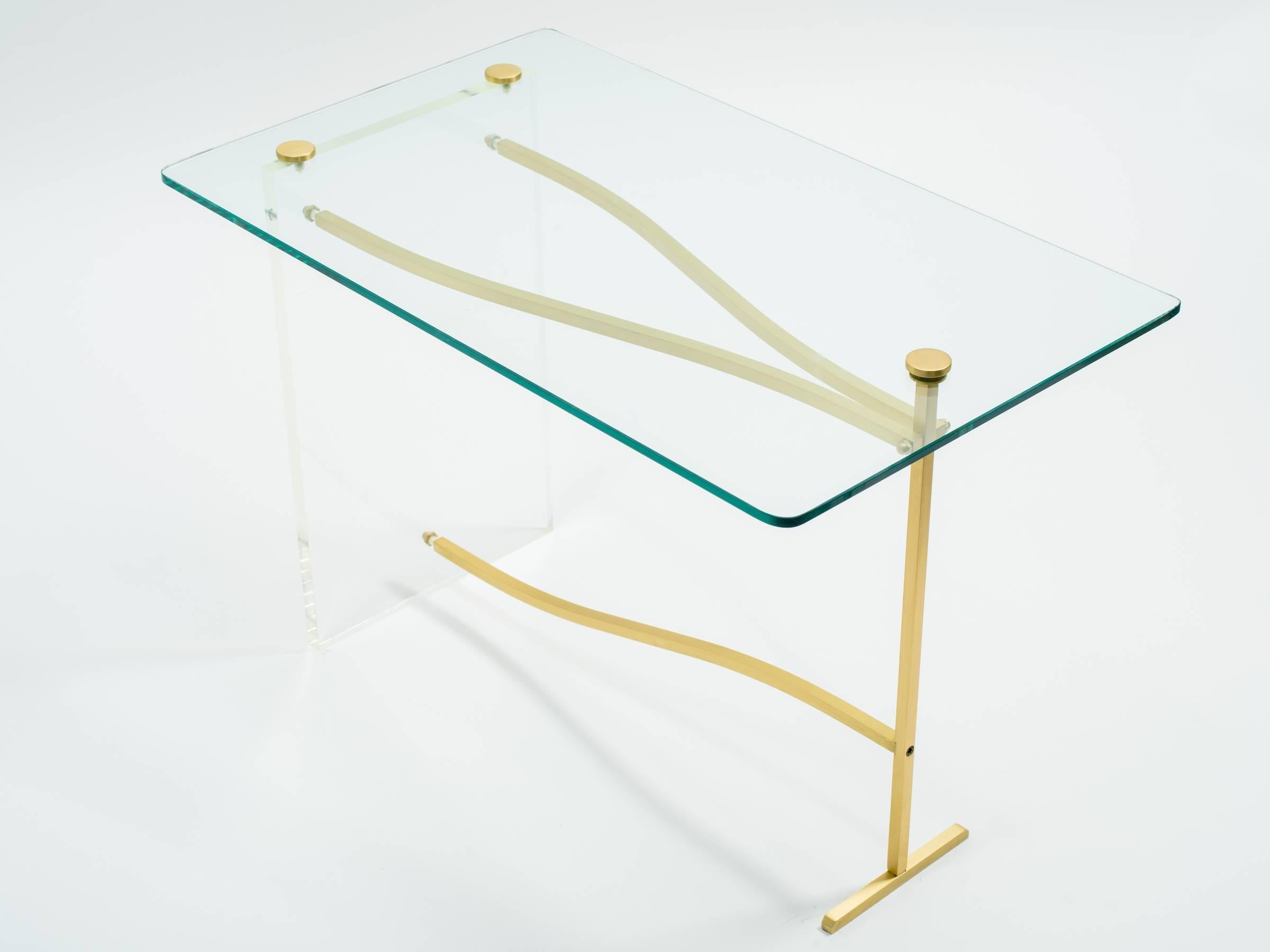Lucite and Brass Glass Top Side Tables For Sale 2