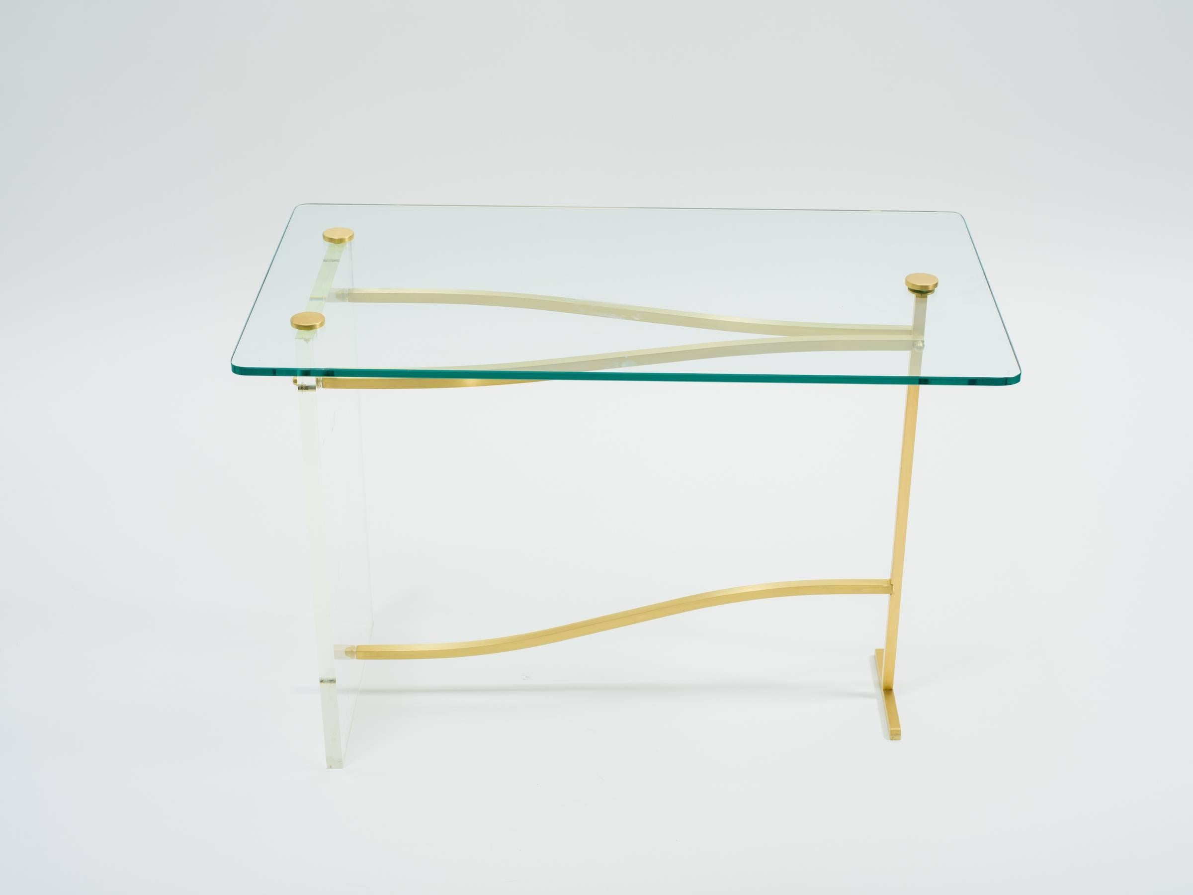 Lucite and Brass Glass Top Side Tables For Sale 4