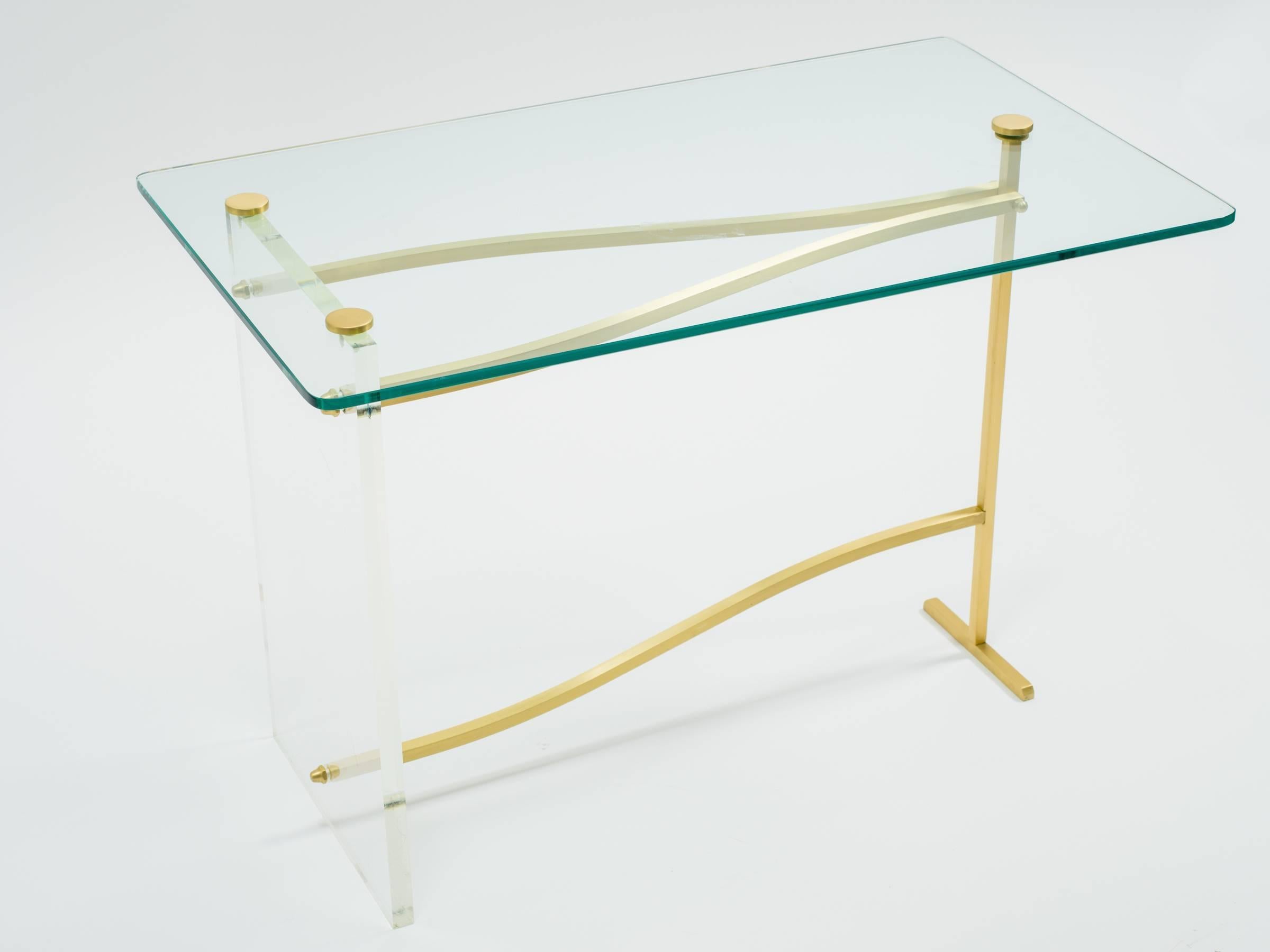 Lucite and Brass Glass Top Side Tables For Sale 6