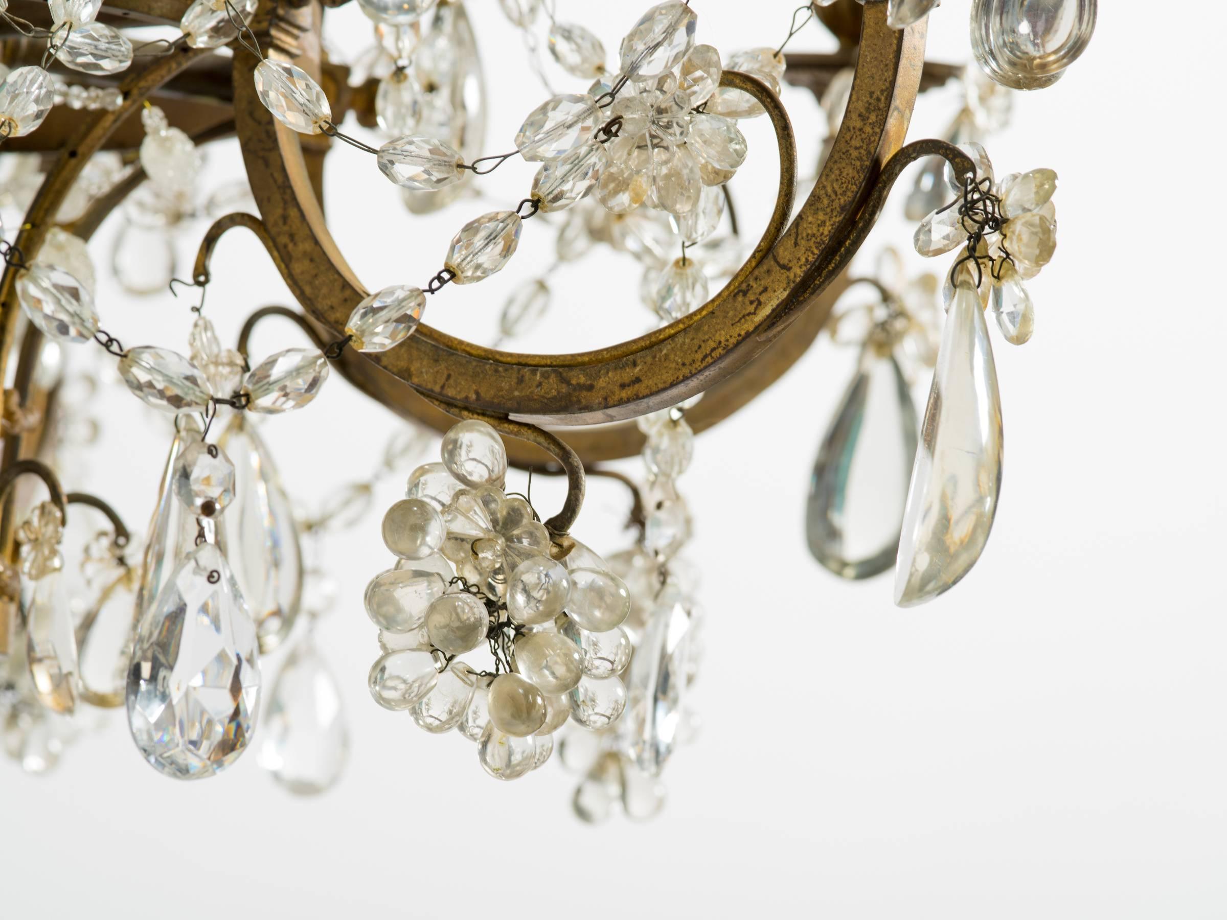 1940s, French Bronze and Crystal Basket Chandelier 1