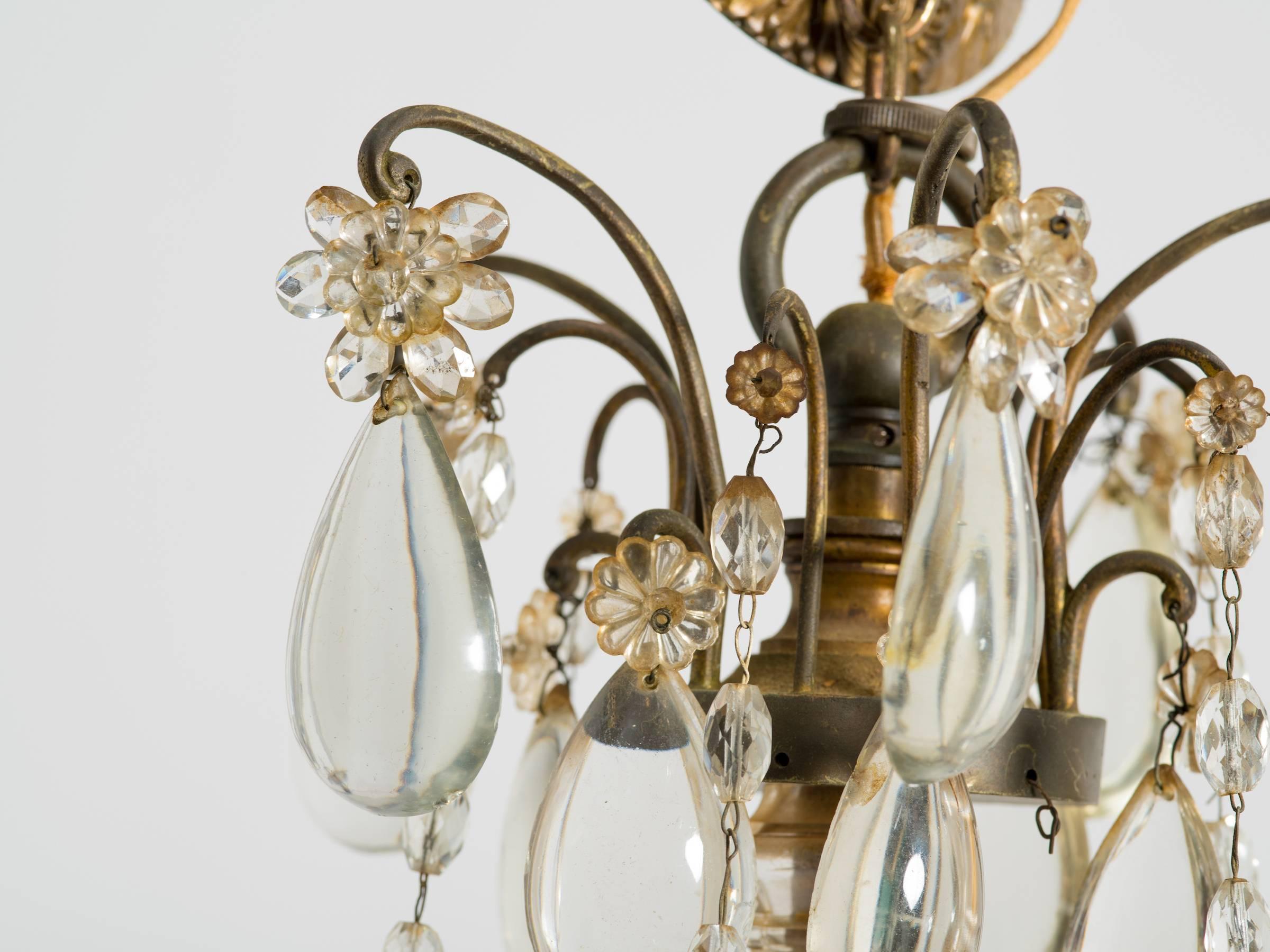 1940s, French Bronze and Crystal Basket Chandelier 2