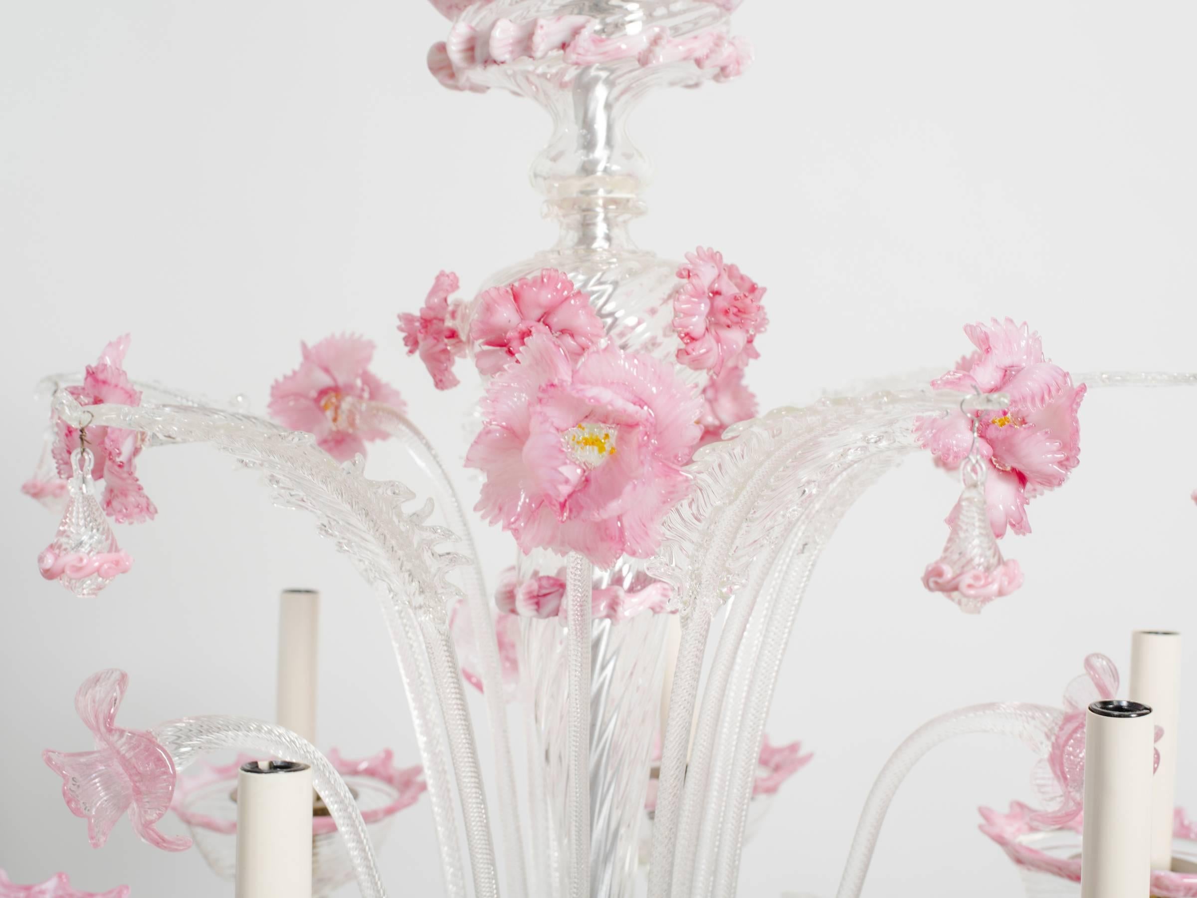 Totally restored and rewired 1950s Venetian pink and clear glass six-arm chandelier. Originally hung in the master bedroom of a Scarsdale NY home.