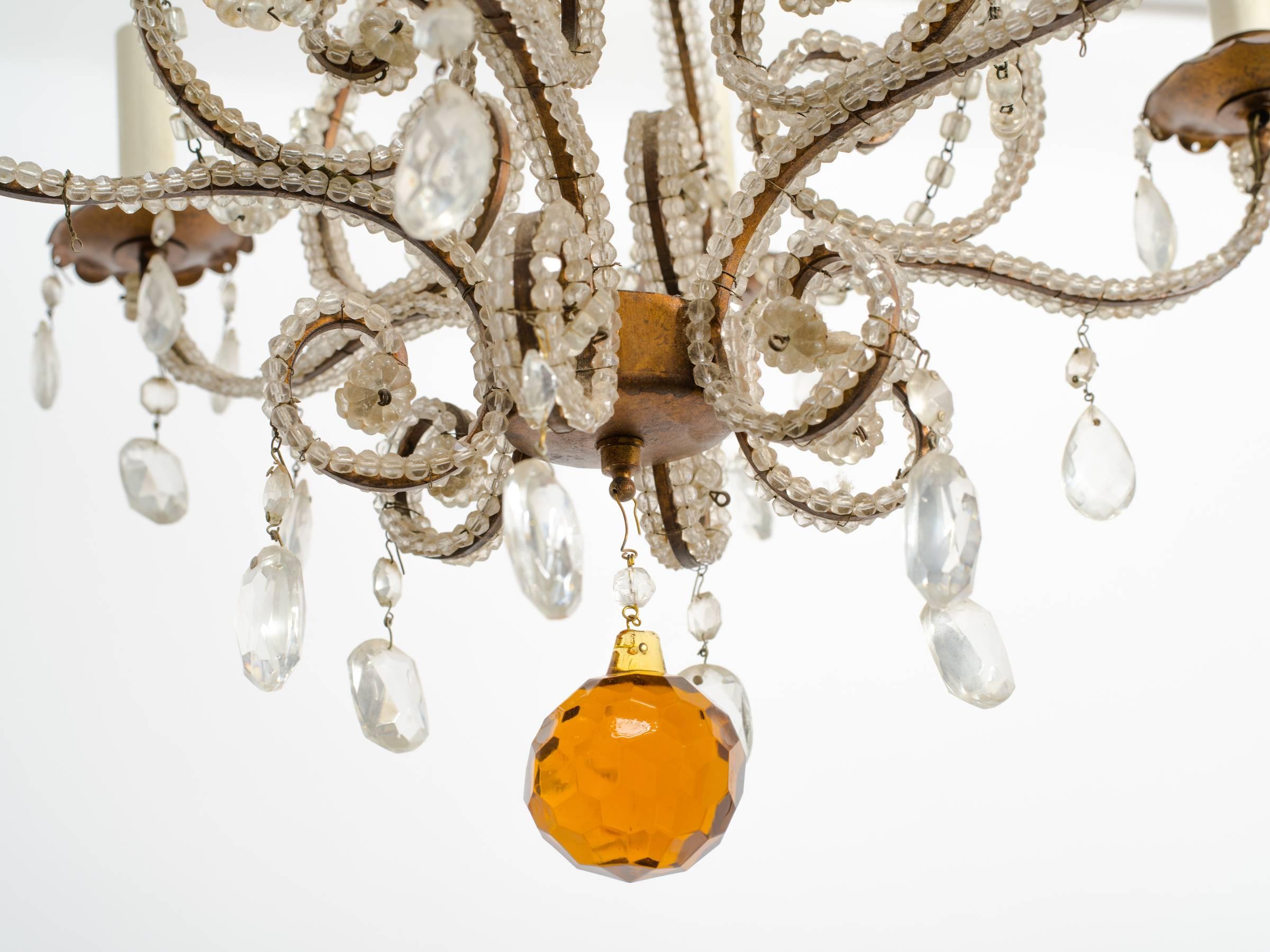 1960s Italian Six-Arm Beaded Chandelier with Amber Ball 2