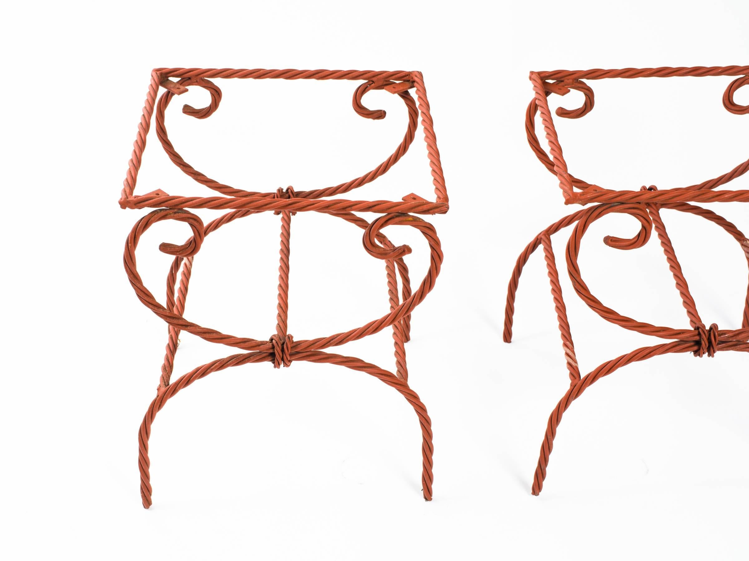 Late 20th Century Pair of Iron Rope Side Tables/Ottomans