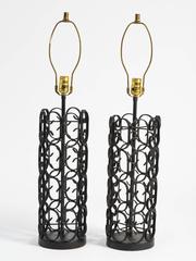 Pair of 1960s Arthur Umanoff Iron Cylindrical Table Lamps