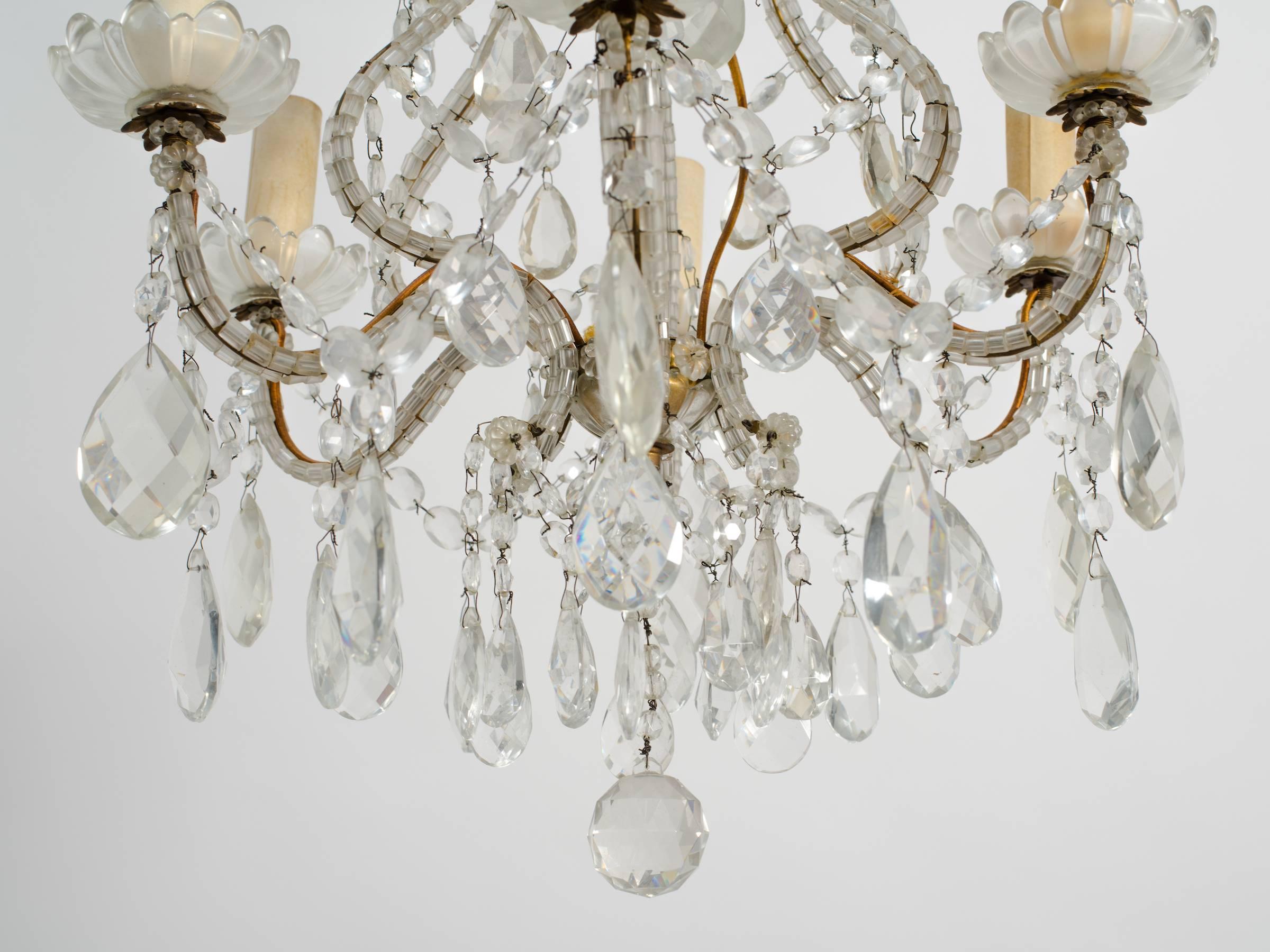 1950s Beaded French Six-Arm Chandelier In Good Condition In Tarrytown, NY