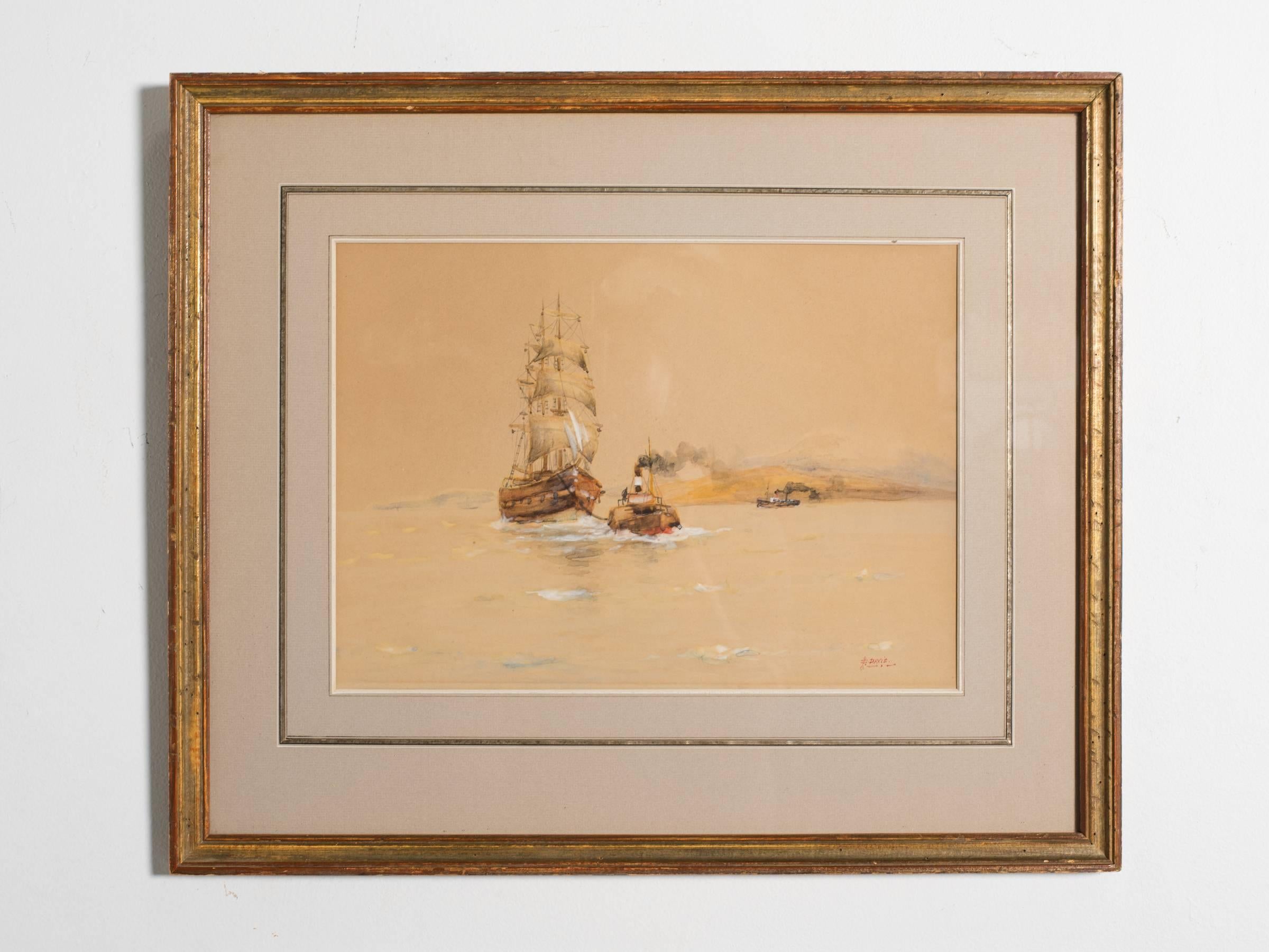 Pair of turn of the century watercolors signed Davis of tall ships.