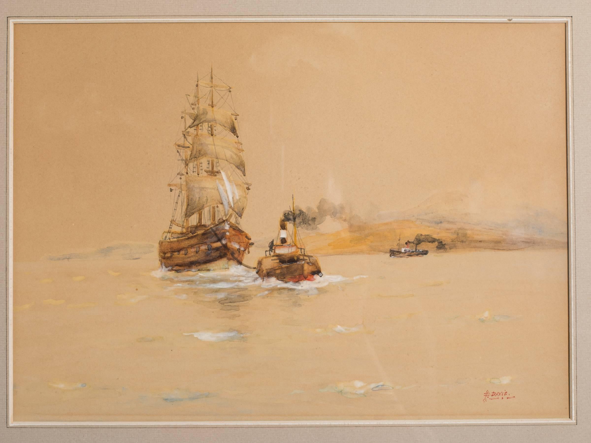 Pair of Turn of the Century Ship Watercolors Signed Davis 4