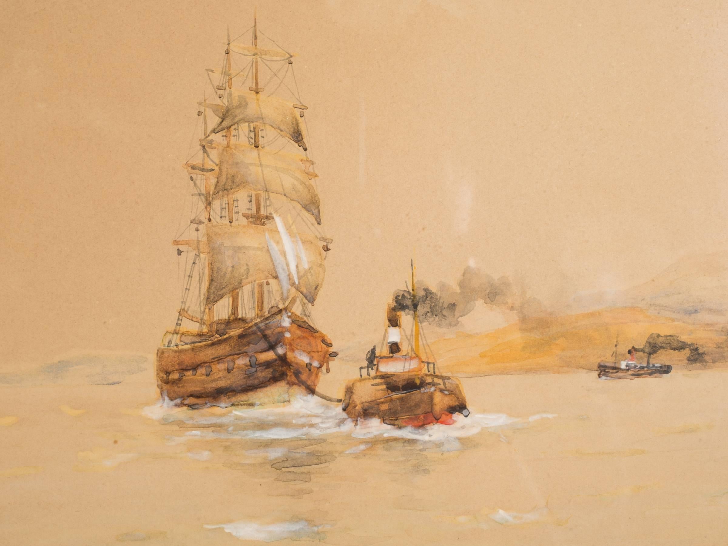 Pair of Turn of the Century Ship Watercolors Signed Davis 5