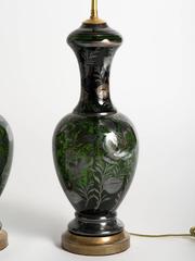 Pair of 1960s Green Murano Glass Lamps with Silver Leaf Overlay