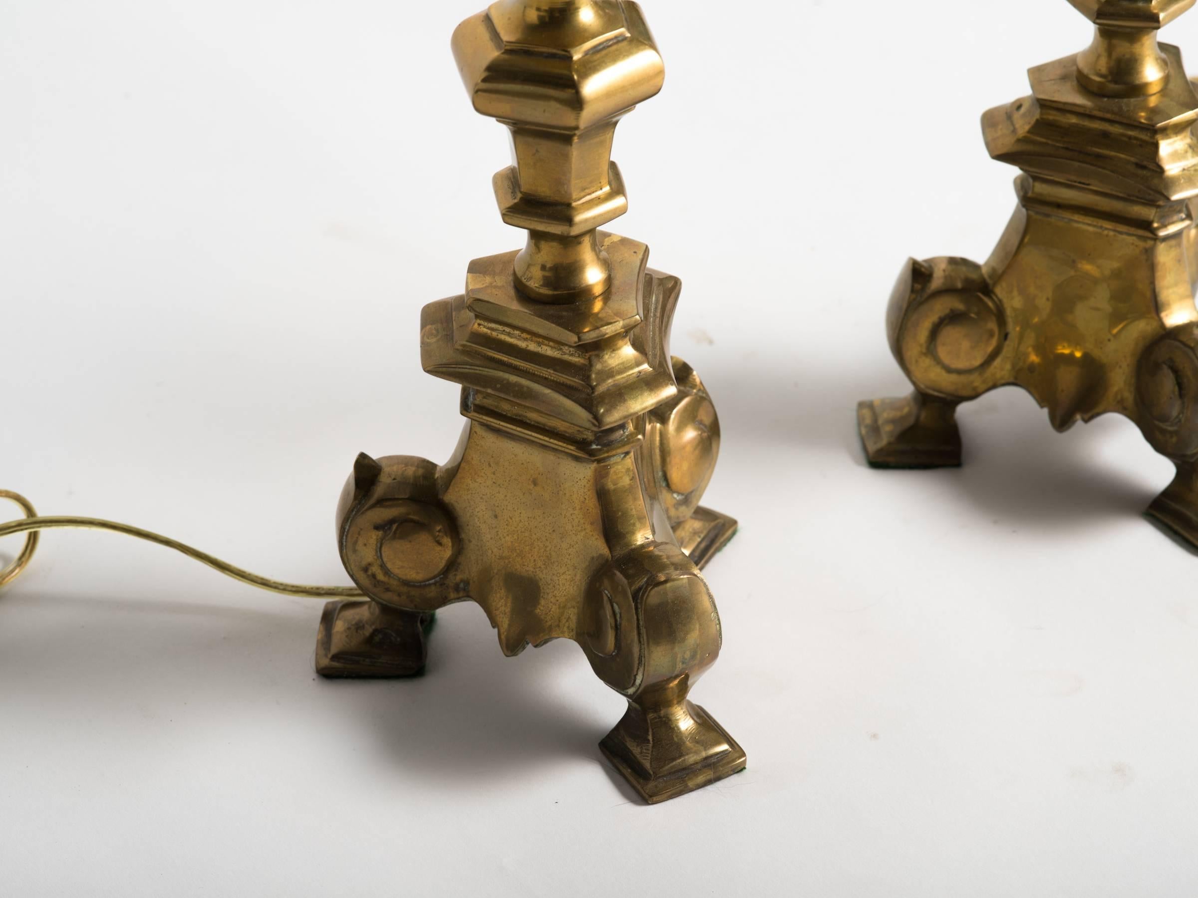 Mid-20th Century Pair of Brass Candlestick Lamps