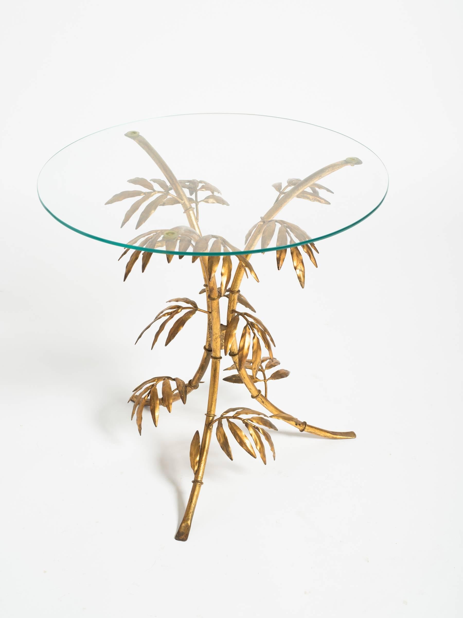 1960s Italian faux bamboo gilt metal side table with glass top.