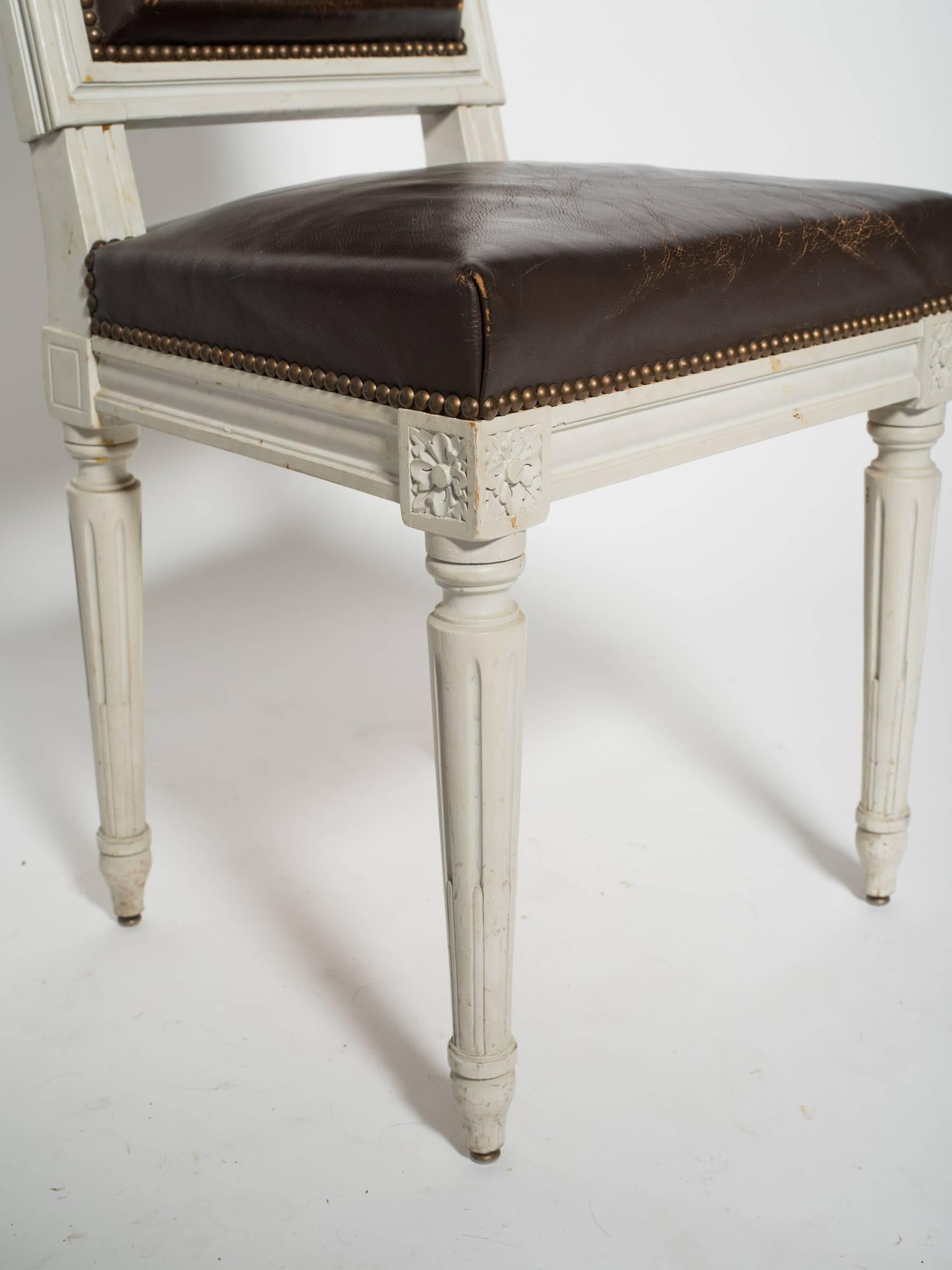 Early 20th Century Six Leather Louis XVI, 1920s Side Chairs