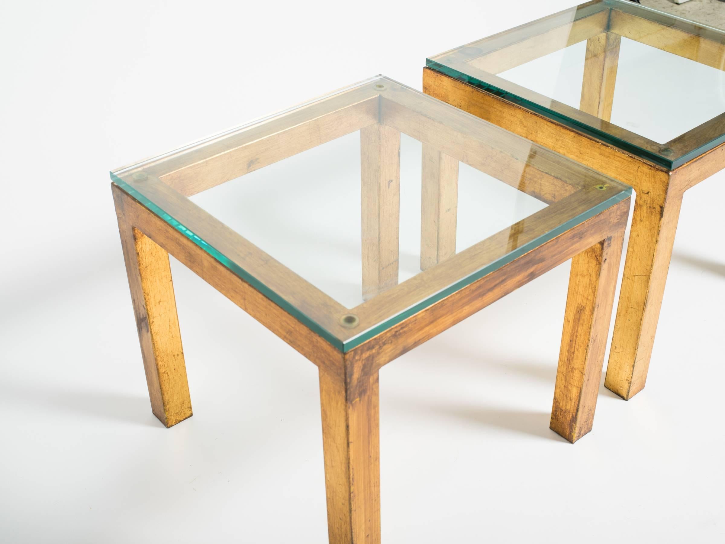 Pair of Gilt Metal Parsons Side Tables with Thick Glass Tops 2