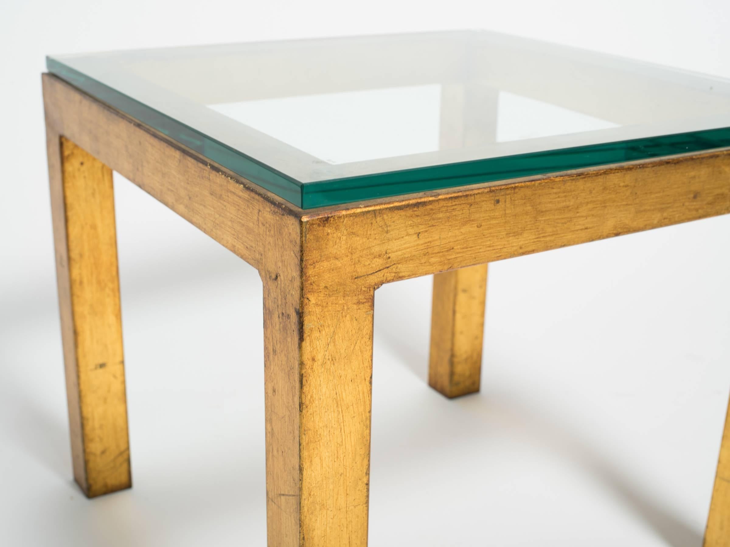 Late 20th Century Pair of Gilt Metal Parsons Side Tables with Thick Glass Tops