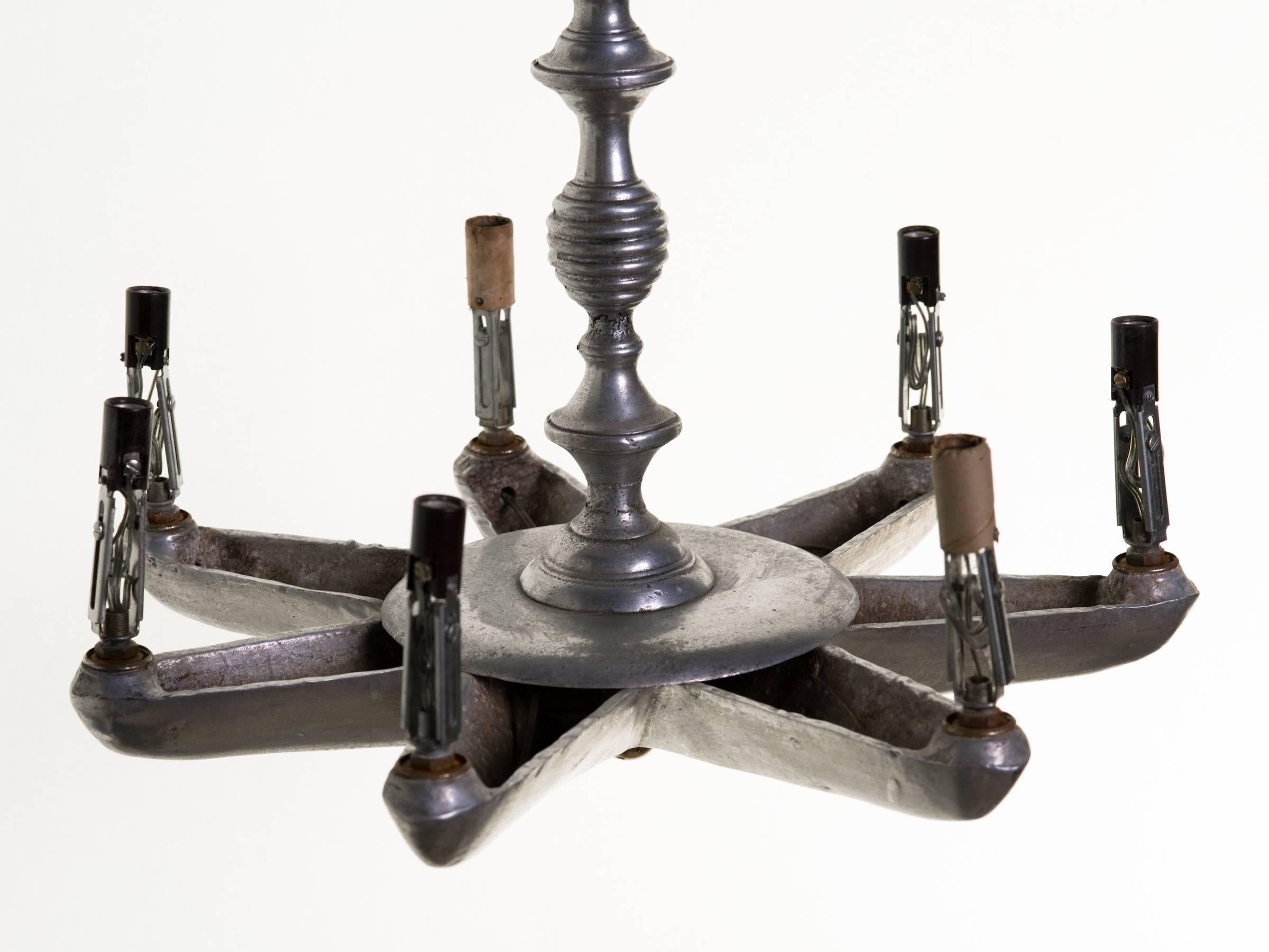 Deco, pewter, machine age chandelier from an East Hampton, NY estate.