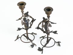 Pair of French Turn of the Century Brass and Porcelain Monkey Candlesticks
