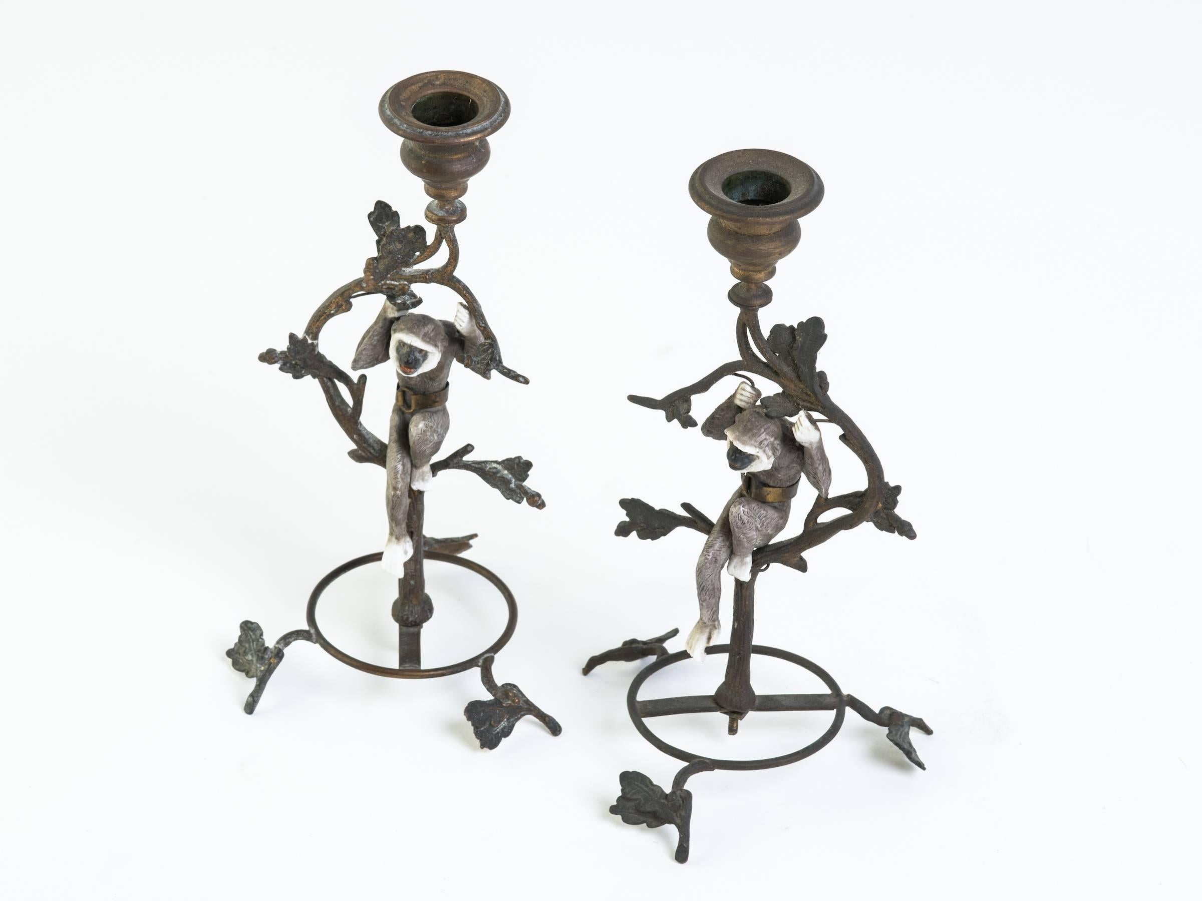Pair of French Turn of the Century Brass and Porcelain Monkey Candlesticks For Sale 2