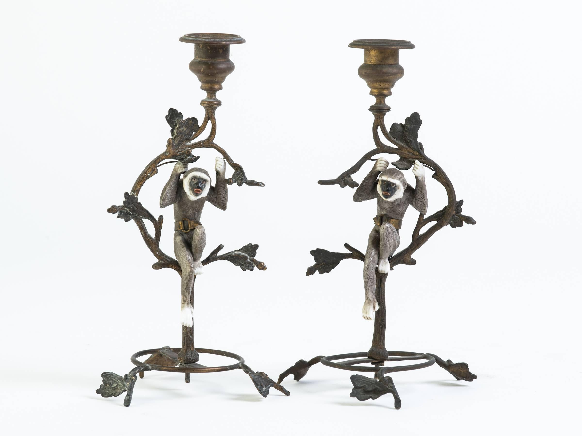 Pair of French Turn of the Century Brass and Porcelain Monkey Candlesticks For Sale 3