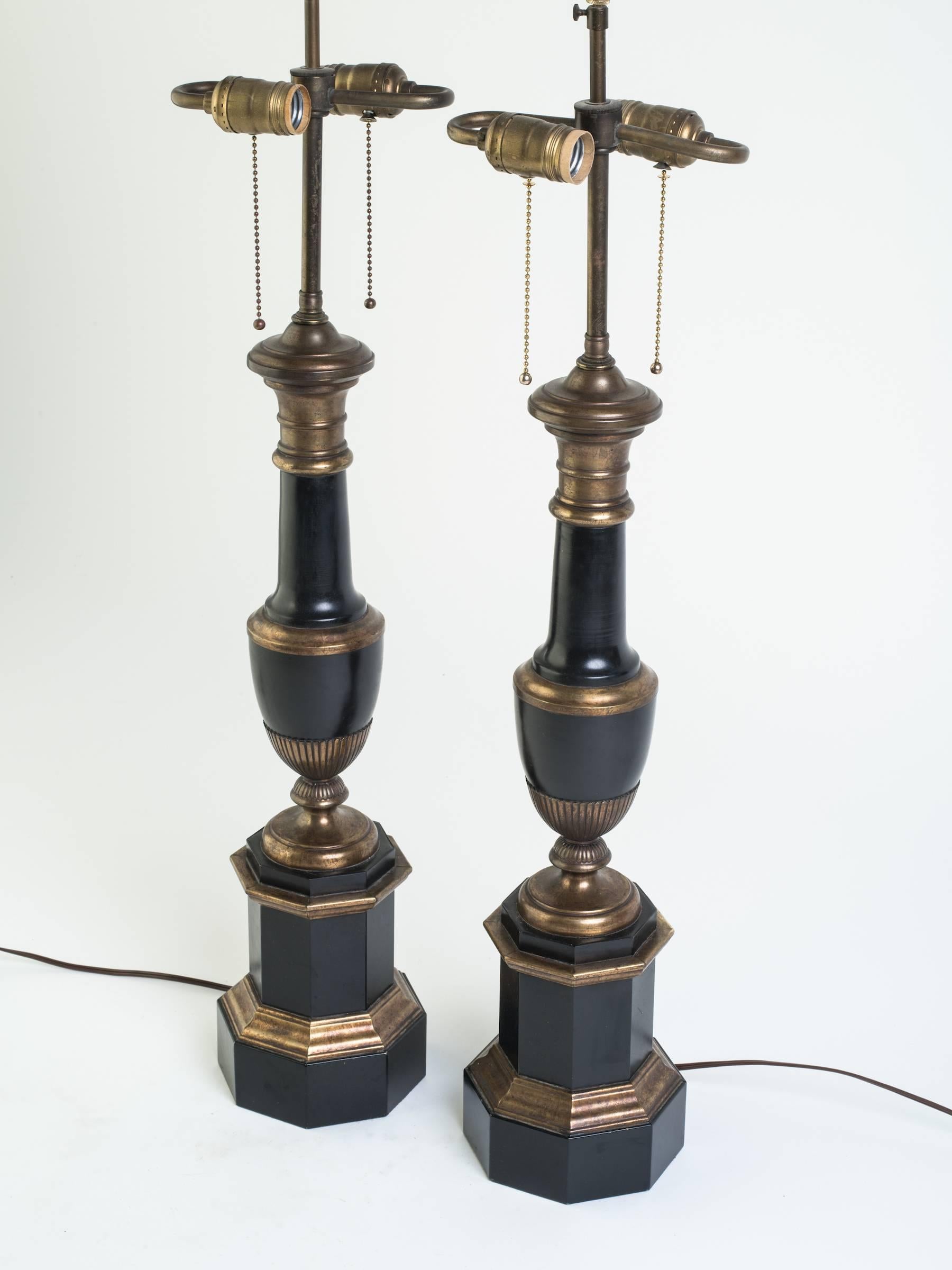 Pair of 1970s Italian tole classical lamps.