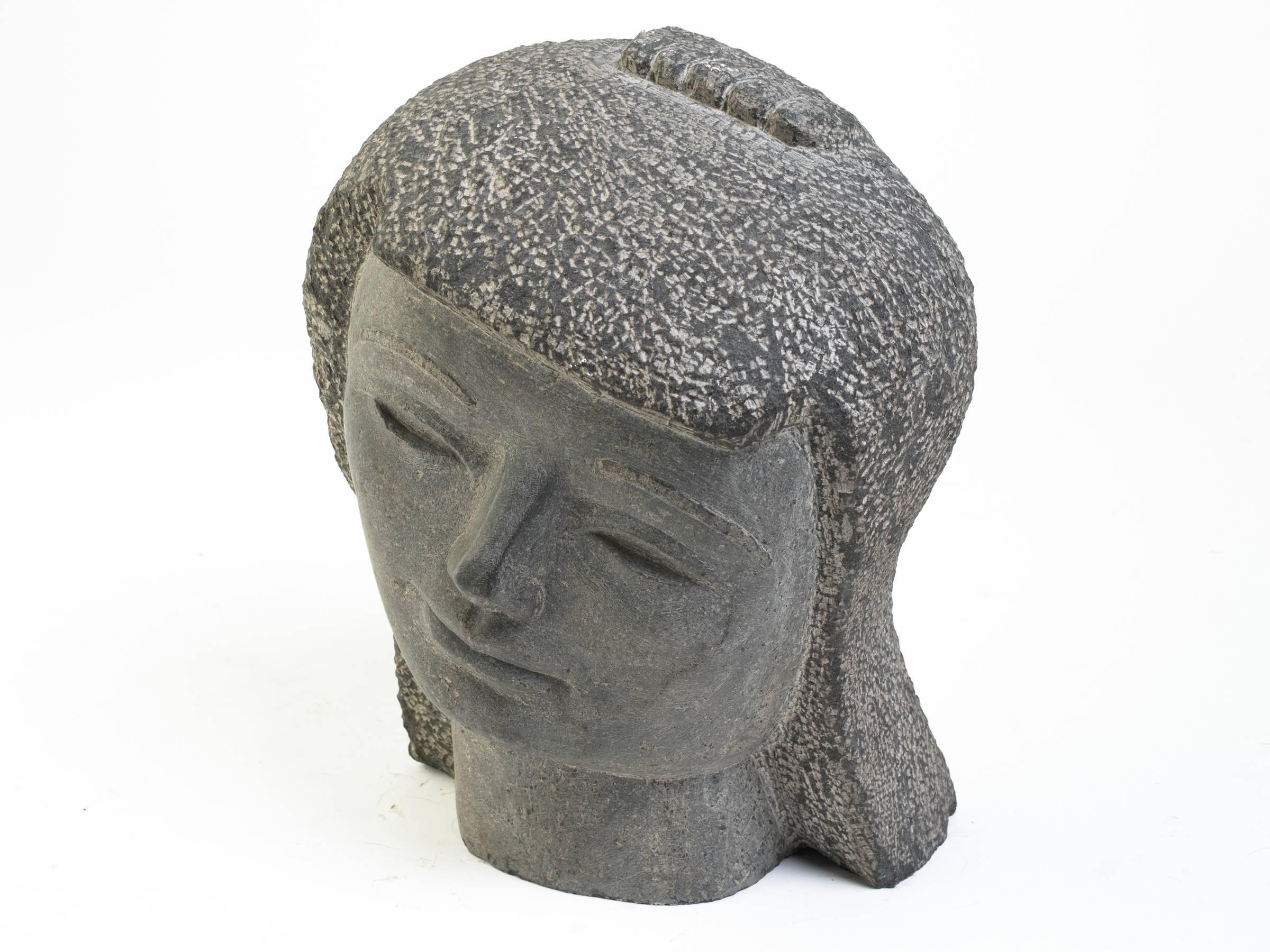Late 20th Century Carved Stone Kwan Yin Head