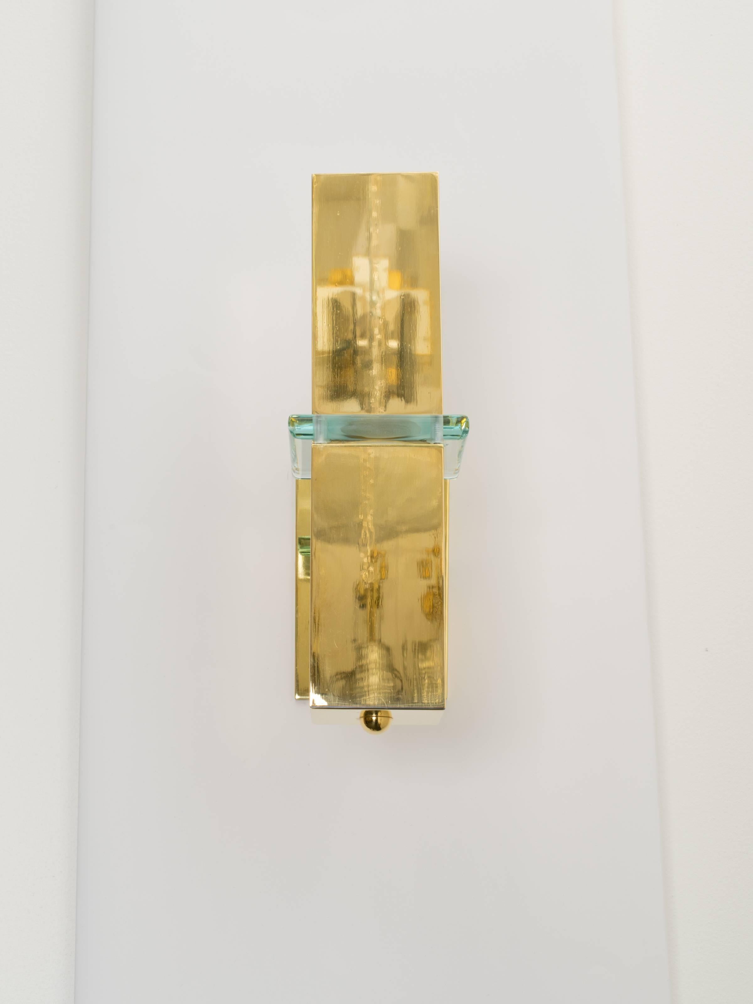 American Pair of Modern Brass and Glass Sconces For Sale